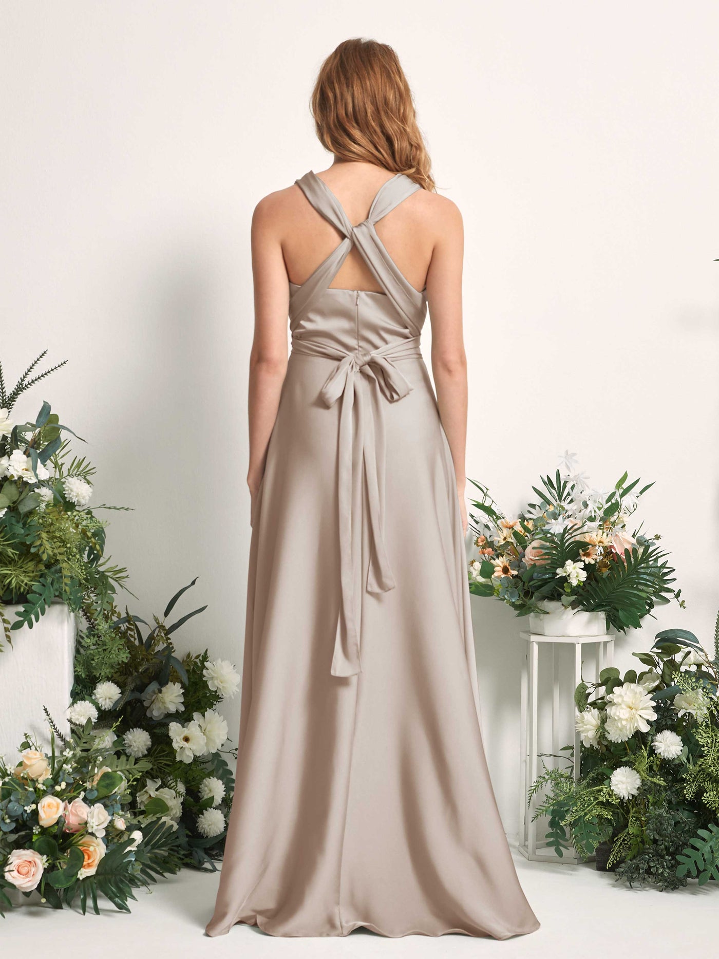 Taupe Bridesmaid Dresses Bridesmaid Dress A-line Satin Halter Full Length Short Sleeves Wedding Party Dress (81226402)#color_taupe