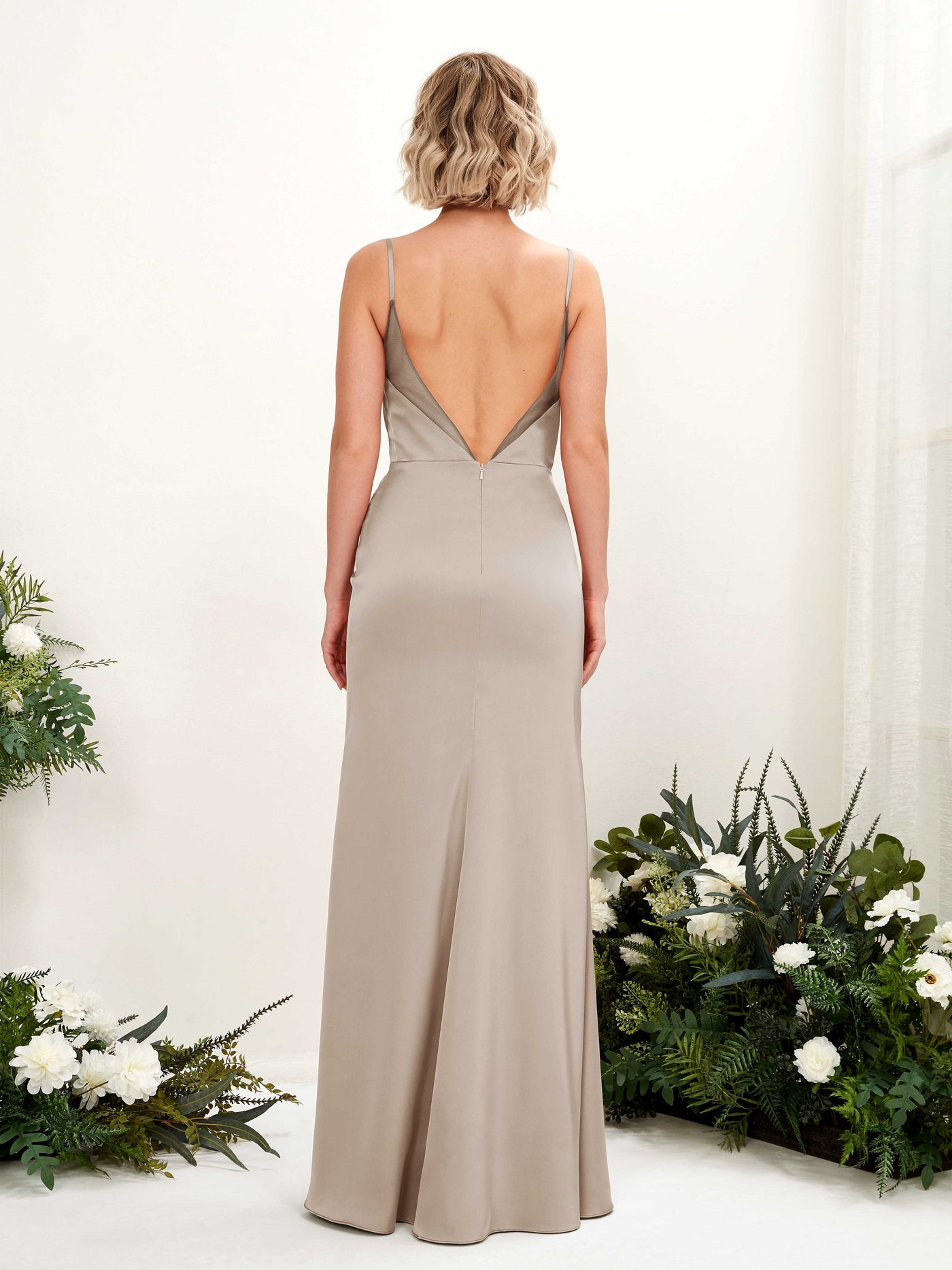 Spaghetti-straps Satin Bridesmaid Dress - Taupe (80222602)#color_taupe