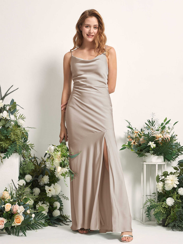 Carlyna Miranda Mermaid Taupe Satin Bridesmaid Dress Maxi Sleeveless Cowl Neck Dress 