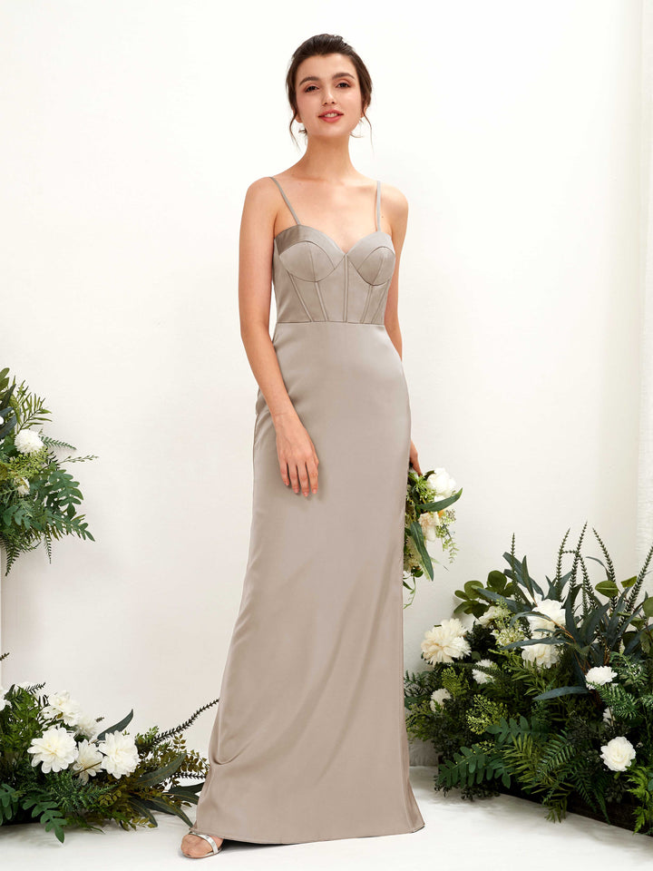 Spaghetti-straps Sweetheart Sleeveless Satin Bridesmaid Dress - Taupe (80221502)