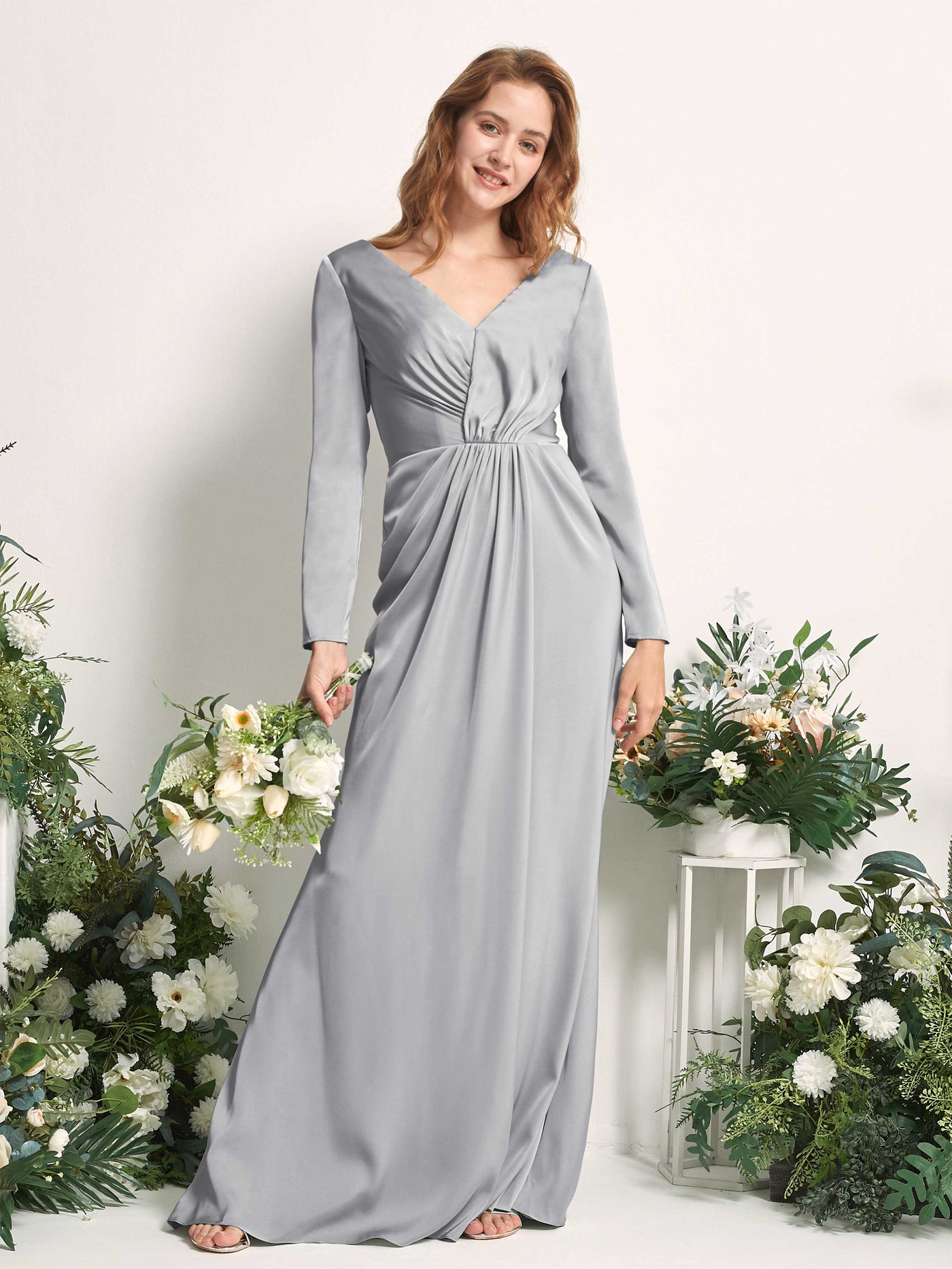 Dove Bridesmaid Dresses Bridesmaid Dress A-line Satin V-neck Full Length Long Sleeves Wedding Party Dress (80225811)#color_dove