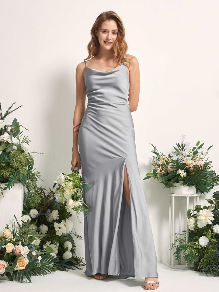 Carlyna Miranda Mermaid Dove Satin Bridesmaid Dress Maxi Sleeveless Cowl Neck Dress 