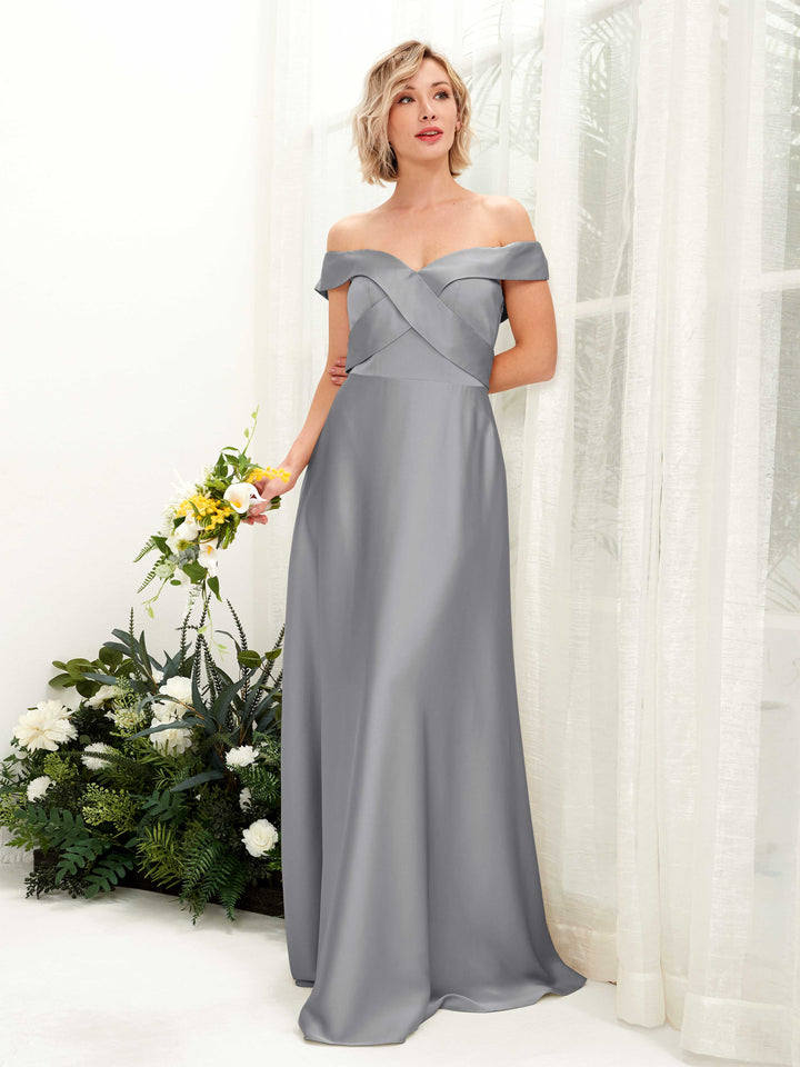 A-line Ball Gown Off Shoulder Sweetheart Satin Bridesmaid Dress - Steel Gray (80224207)