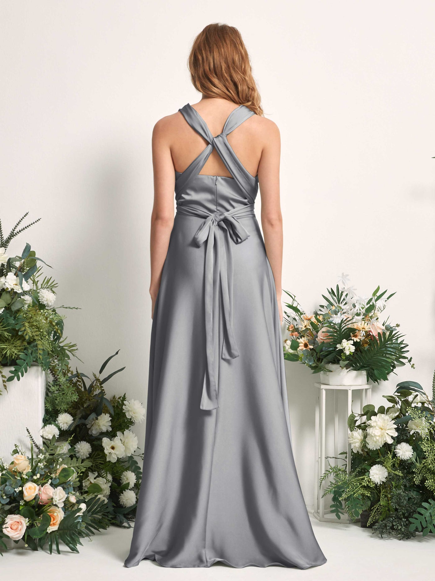 Steel Gray Bridesmaid Dresses Bridesmaid Dress A-line Satin Halter Full Length Short Sleeves Wedding Party Dress (81226407)#color_steel-gray