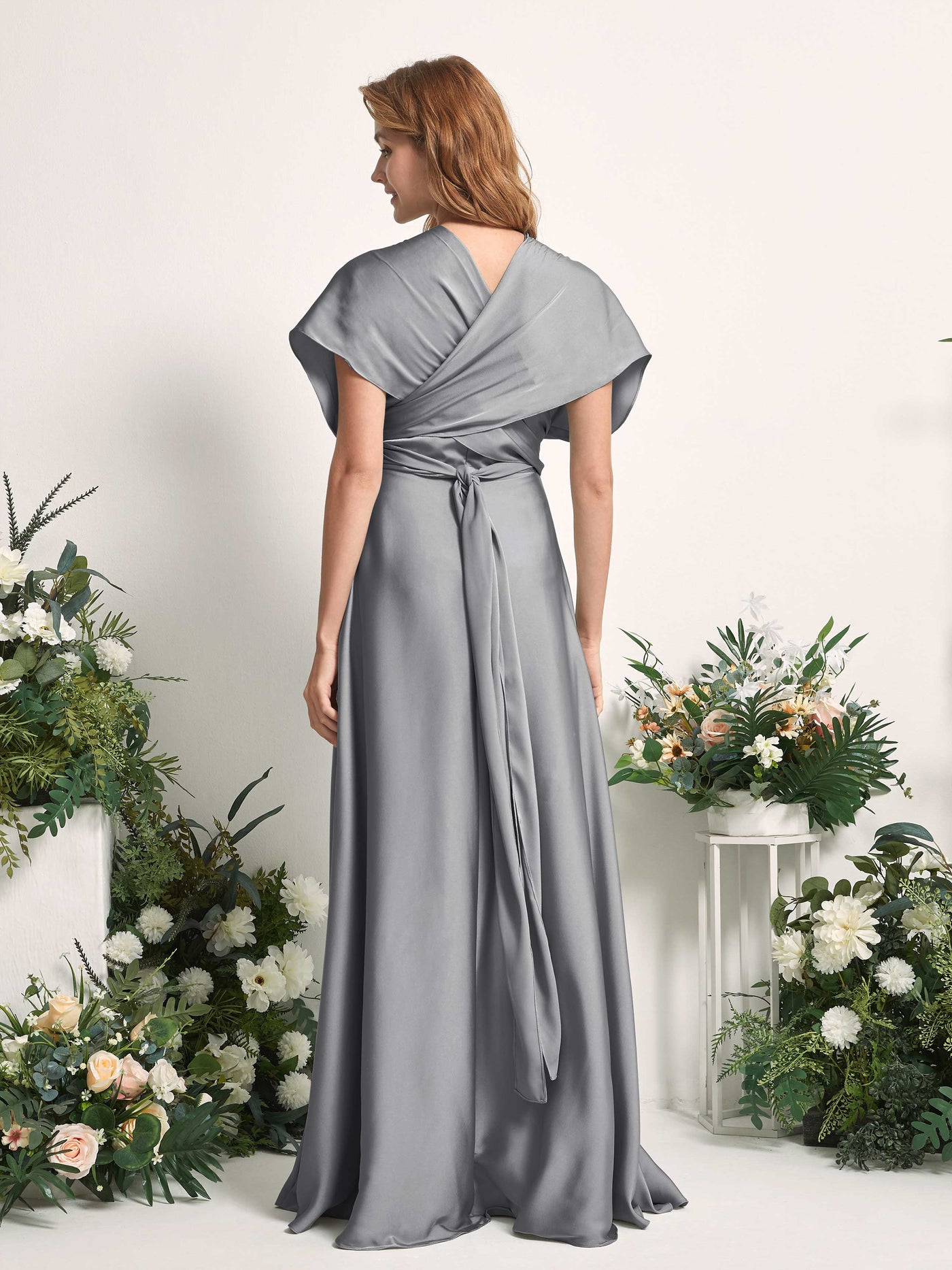 Steel Gray Bridesmaid Dresses Bridesmaid Dress A-line Satin Halter Full Length Short Sleeves Wedding Party Dress (81226407)#color_steel-gray