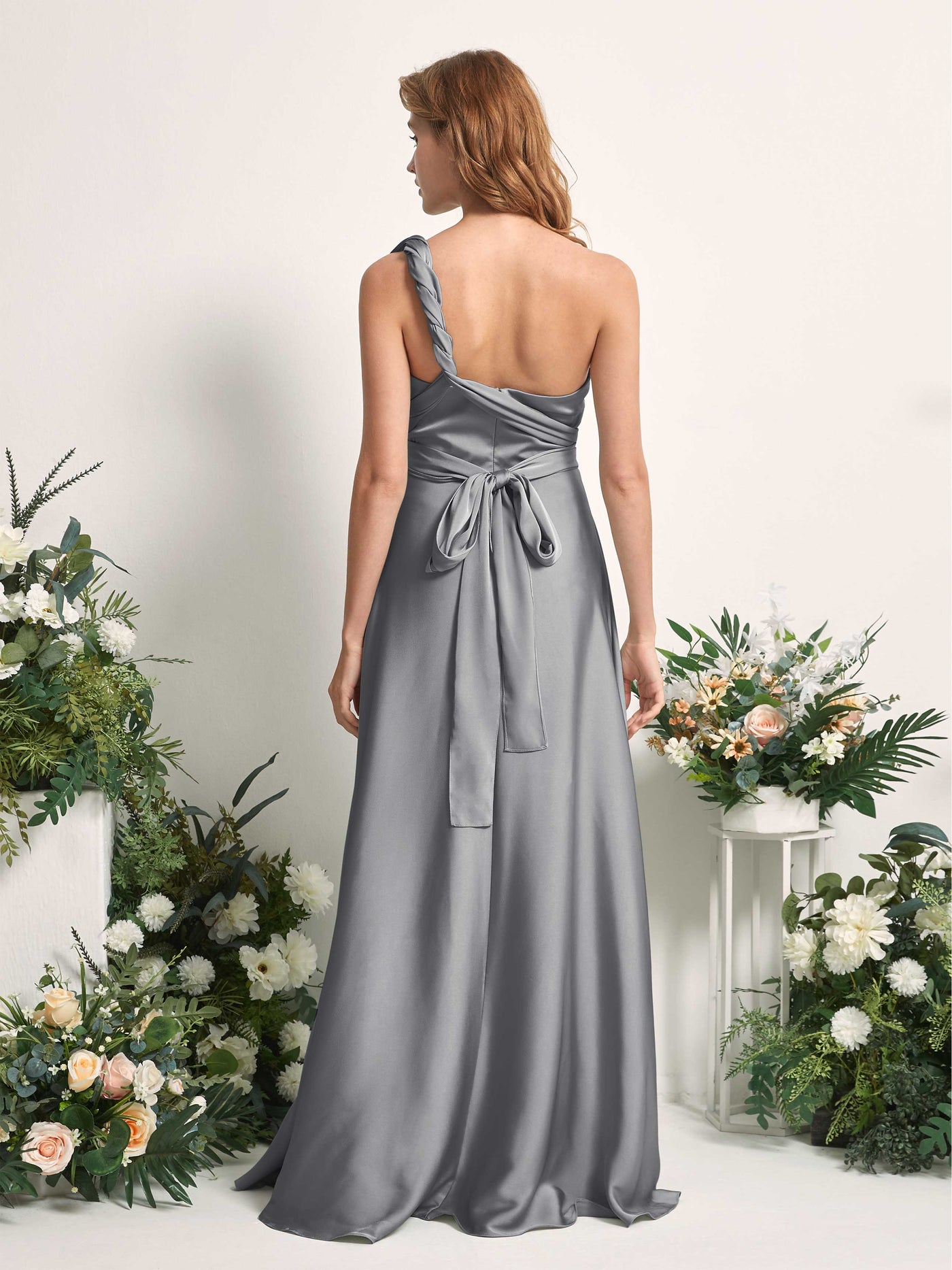 Steel Gray Bridesmaid Dresses Bridesmaid Dress A-line Satin Halter Full Length Short Sleeves Wedding Party Dress (81226407)#color_steel-gray