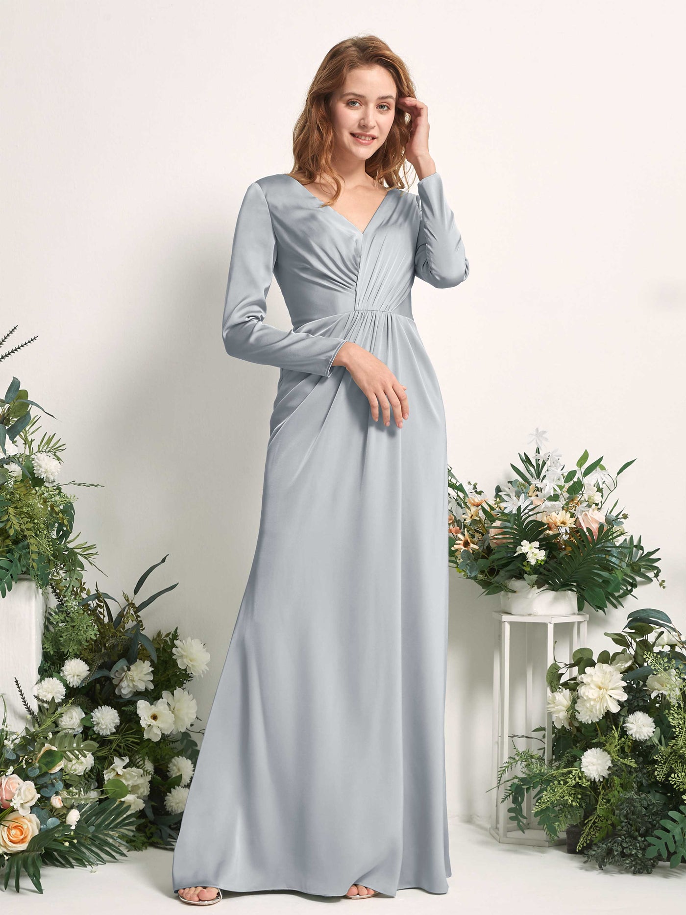 Baby Blue Bridesmaid Dresses Bridesmaid Dress A-line Satin V-neck Full Length Long Sleeves Wedding Party Dress (80225801)#color_baby-blue