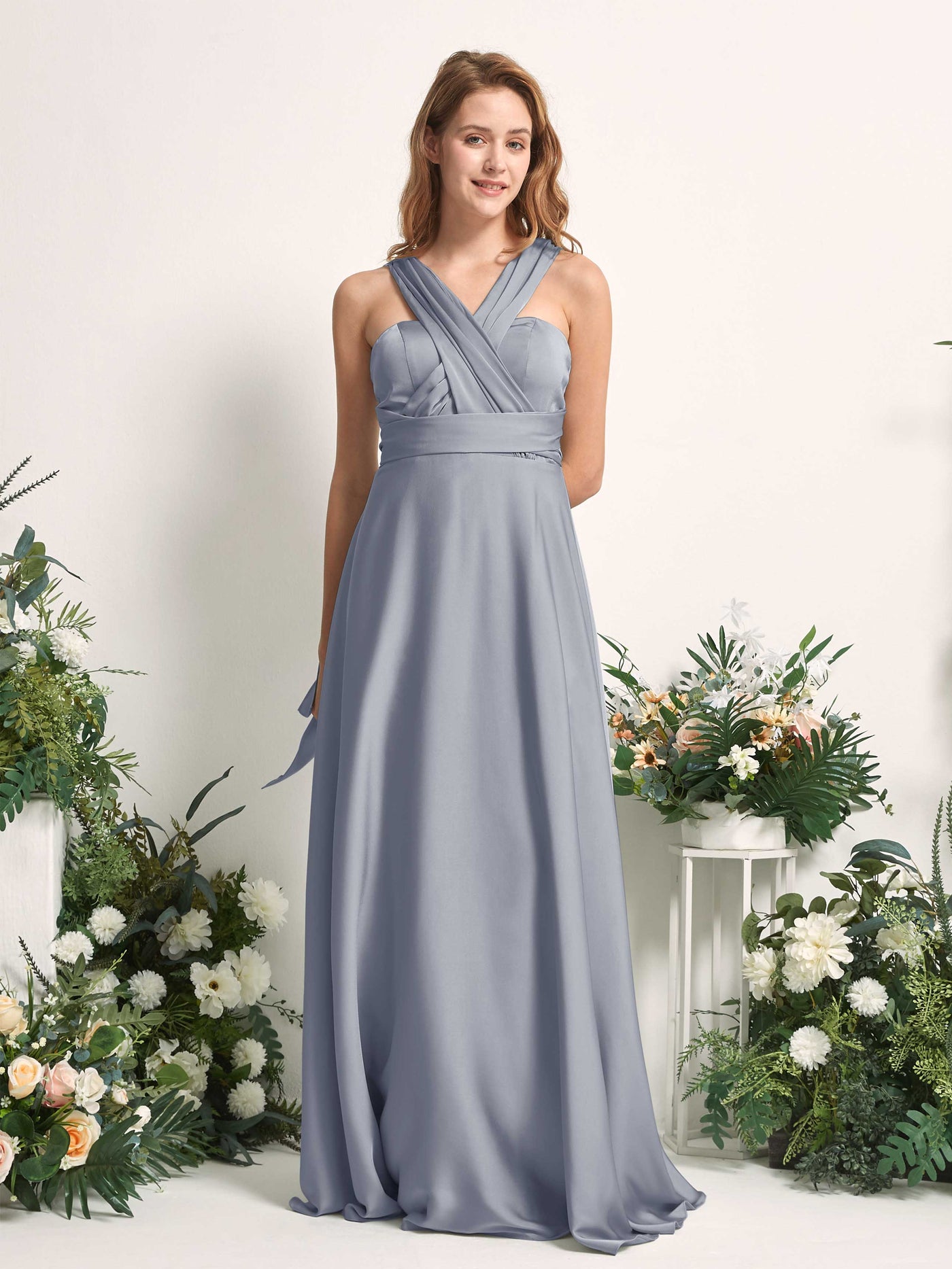 Dusty Blue Bridesmaid Dresses Bridesmaid Dress A-line Satin Halter Full Length Short Sleeves Wedding Party Dress (81226478)#color_dusty-blue