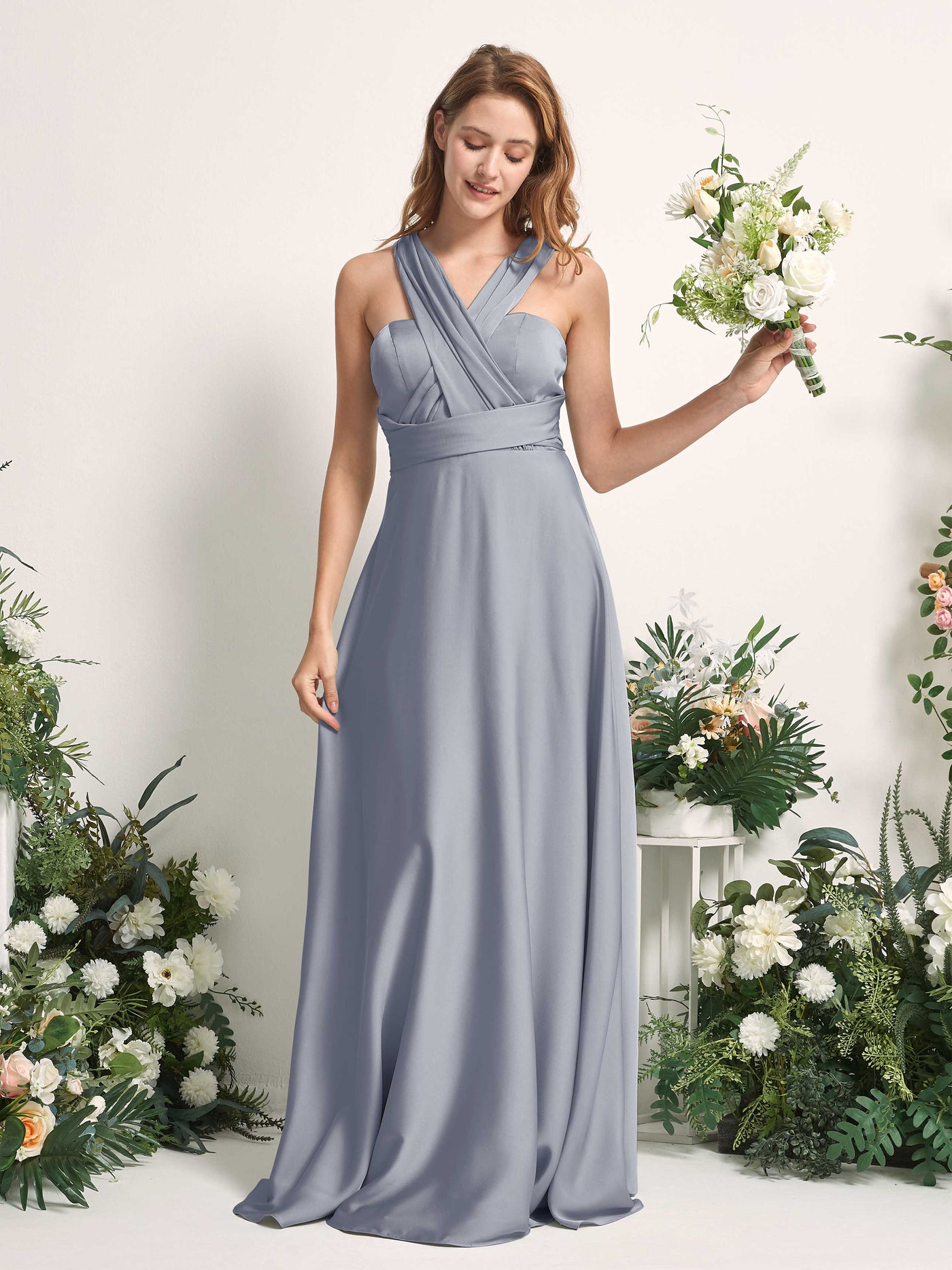 Dusty Blue Bridesmaid Dresses Bridesmaid Dress A-line Satin Halter Full Length Short Sleeves Wedding Party Dress (81226478)#color_dusty-blue