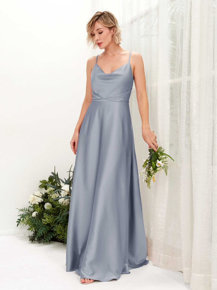 A-line Straps Sleeveless Satin Bridesmaid Dress - Dusty Blue (80223178)