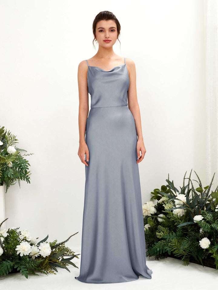 Spaghetti-straps Sleeveless Satin Bridesmaid Dress - Dusty Blue (80221878)