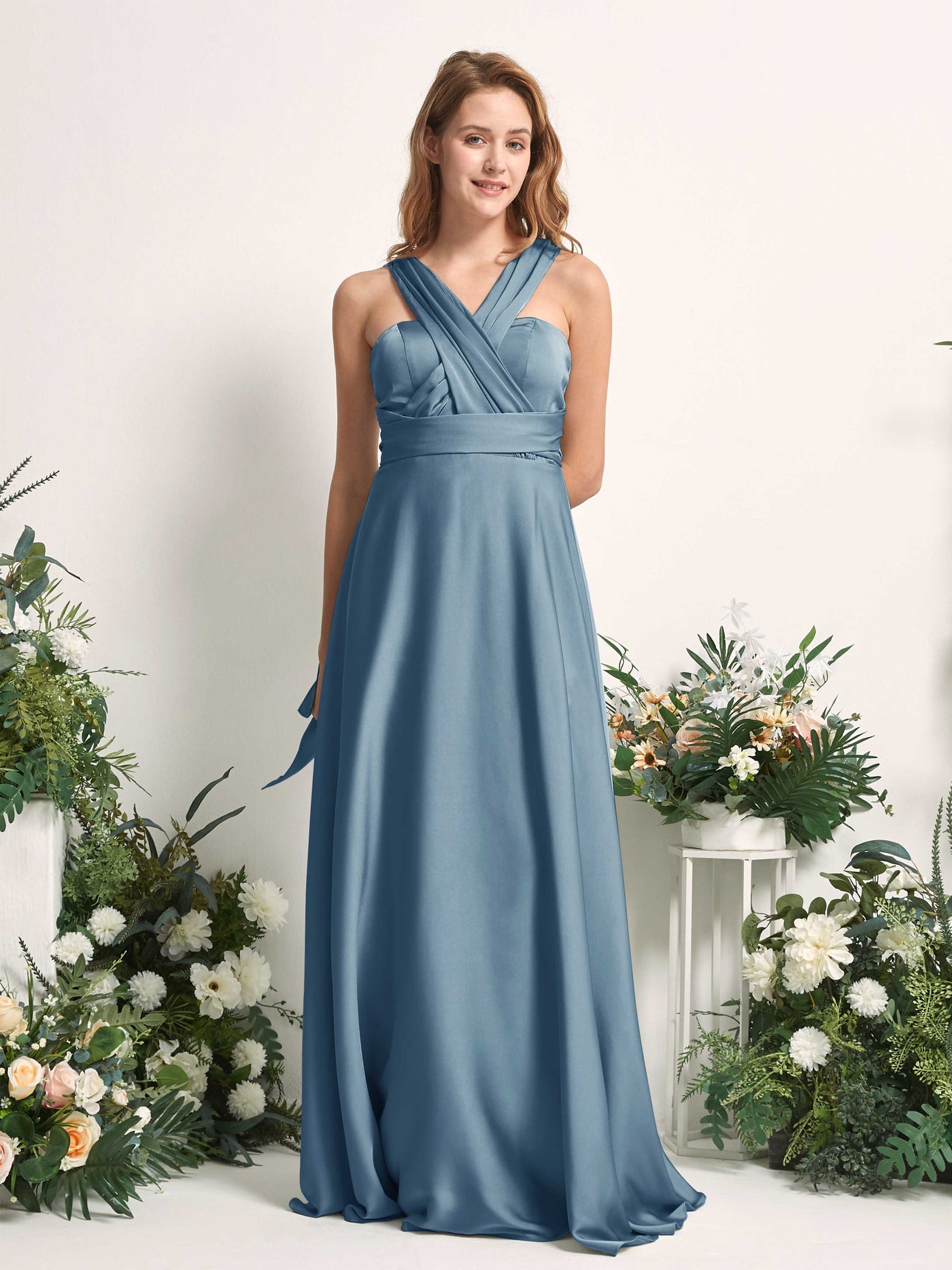 Ink blue Bridesmaid Dresses Bridesmaid Dress A-line Satin Halter Full Length Short Sleeves Wedding Party Dress (81226414)#color_ink-blue