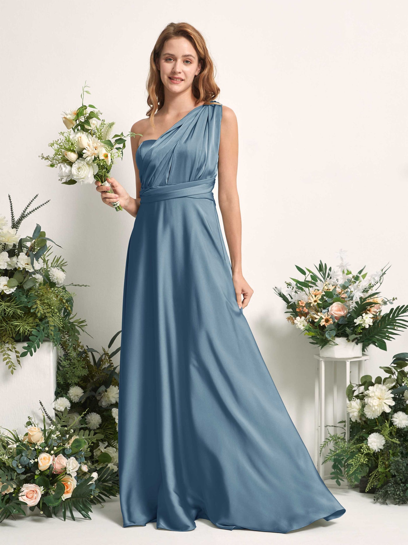 Ink blue Bridesmaid Dresses Bridesmaid Dress A-line Satin Halter Full Length Short Sleeves Wedding Party Dress (81226414)#color_ink-blue