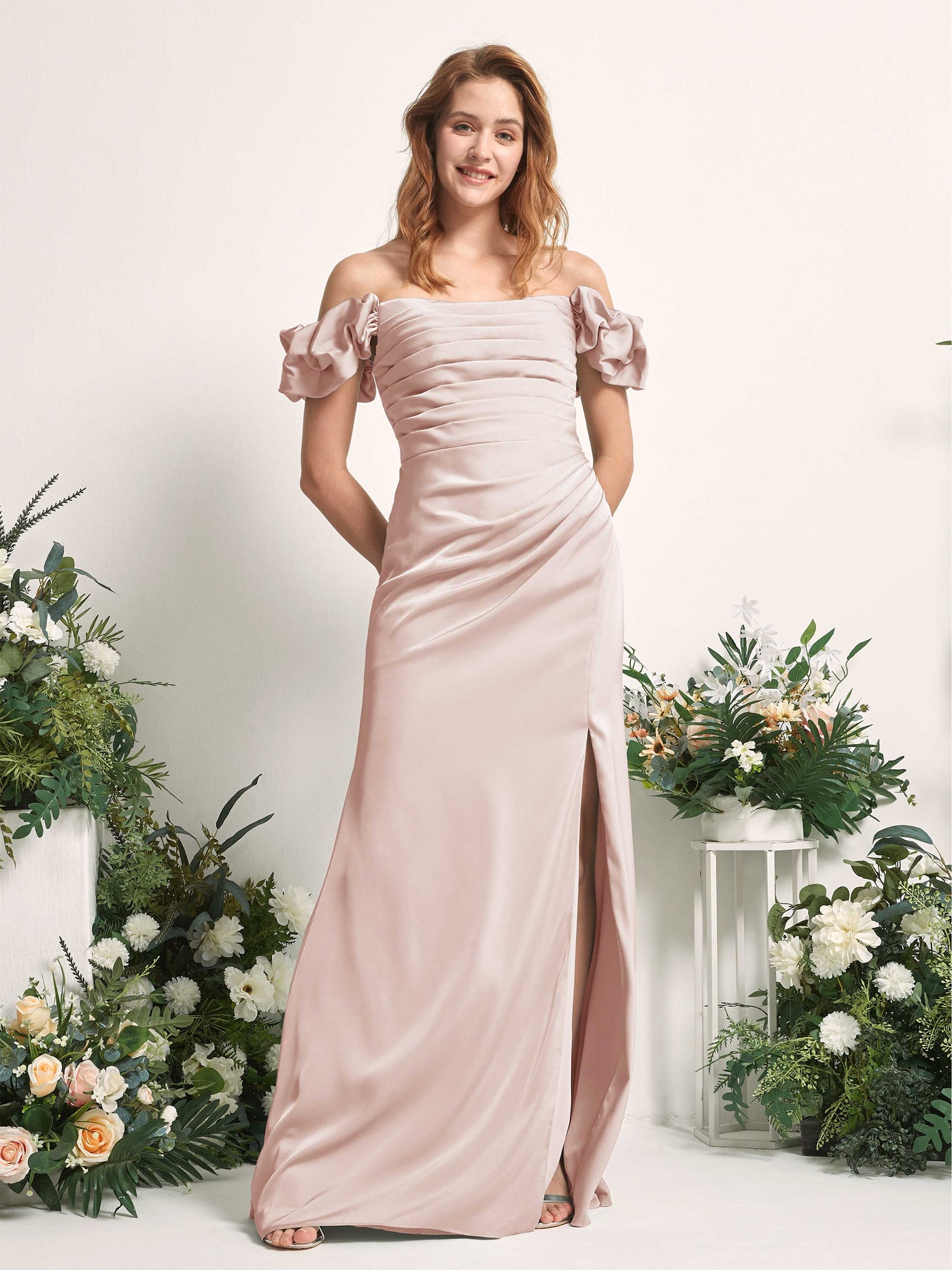 Pearl Pink Bridesmaid Dresses Bridesmaid Dress A-line Satin Off Shoulder Full Length Short Sleeves Wedding Party Dress (80226410)#color_pearl-pink