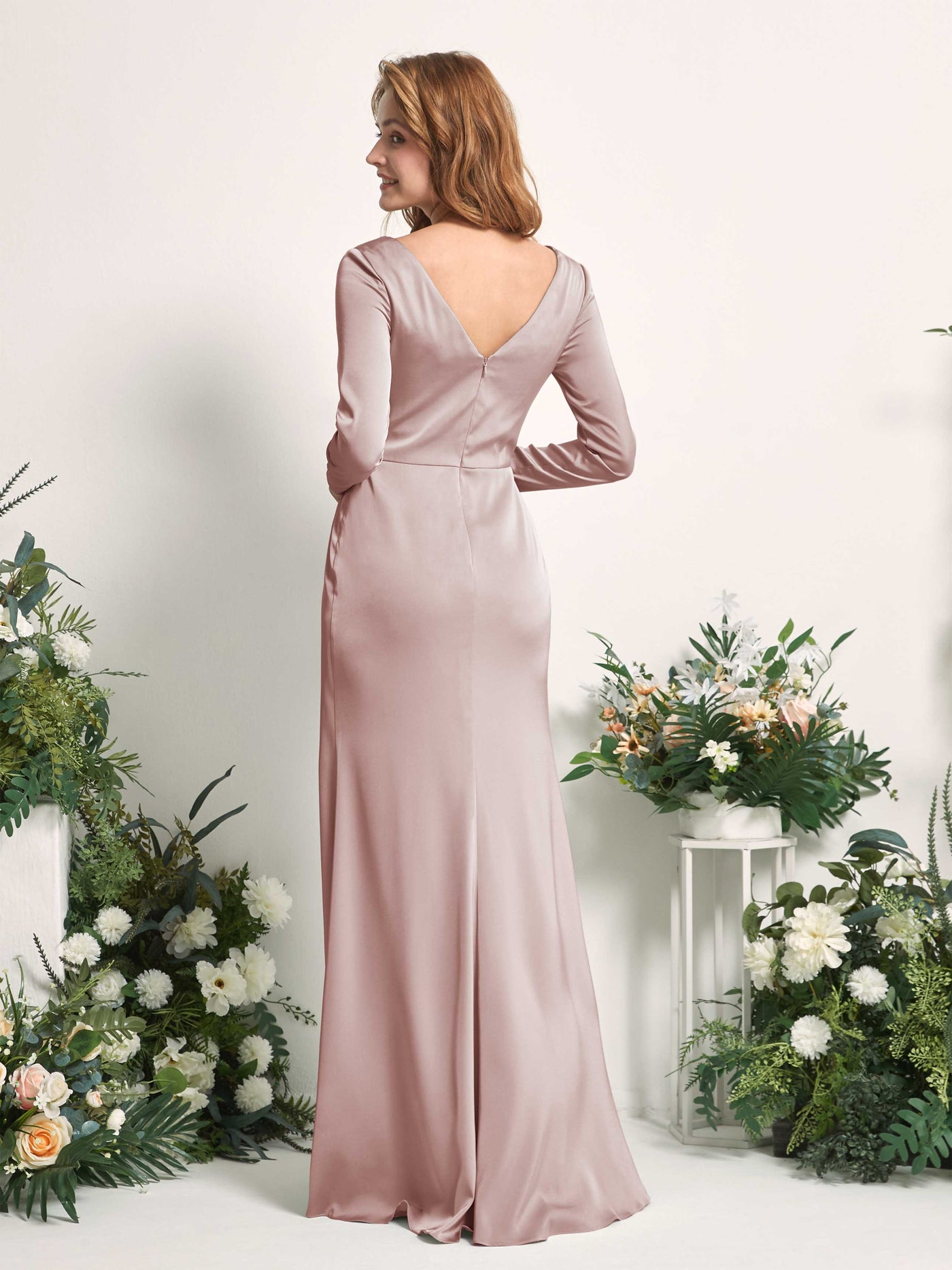 Dusty Rose Bridesmaid Dresses Bridesmaid Dress A-line Satin V-neck Full Length Long Sleeves Wedding Party Dress (80225854)#color_dusty-rose