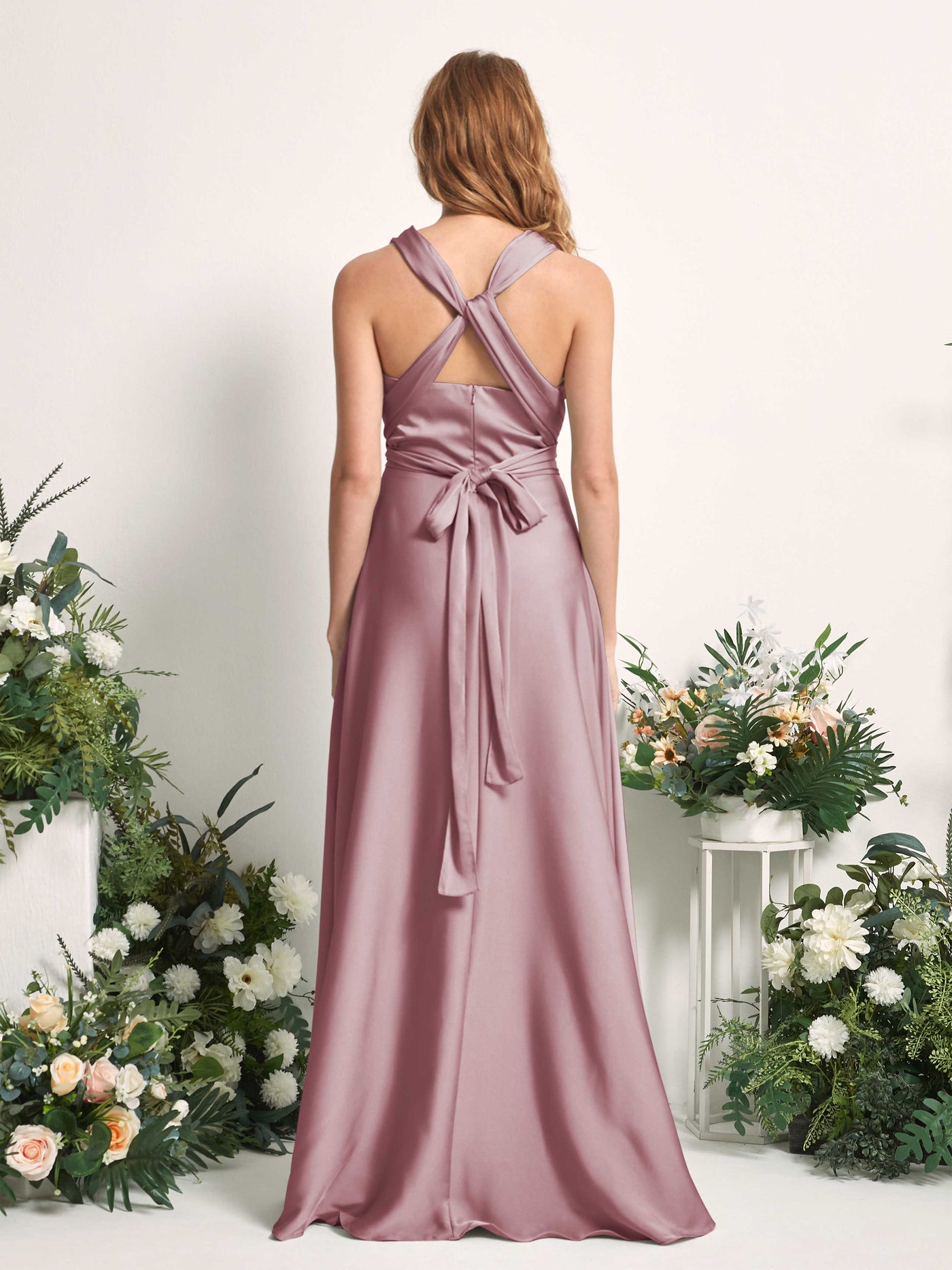 Rose Quartz Bridesmaid Dresses Bridesmaid Dress A-line Satin Halter Full Length Short Sleeves Wedding Party Dress (81226466)#color_rose-quartz