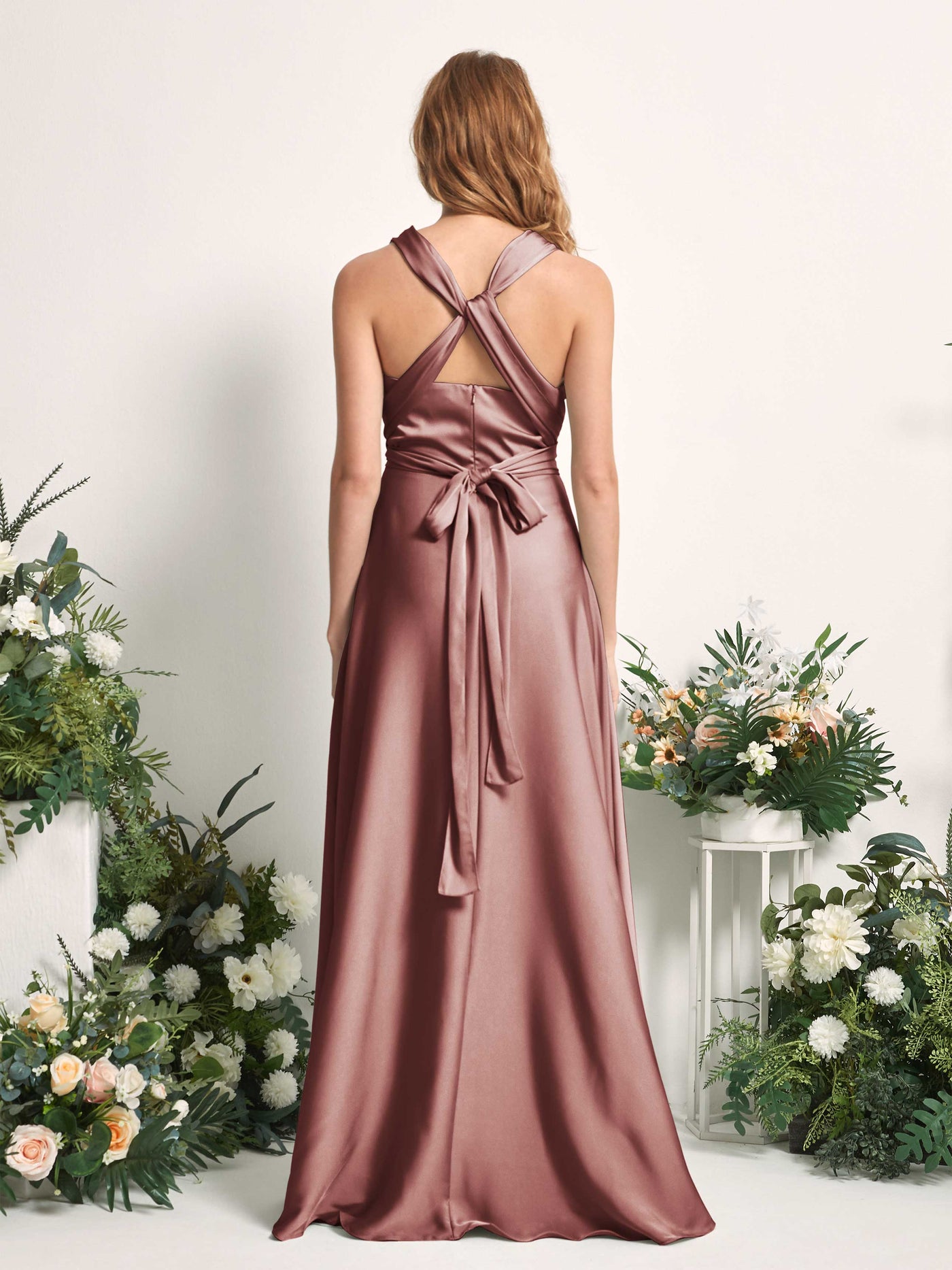 Desert Rose Bridesmaid Dresses Bridesmaid Dress A-line Satin Halter Full Length Short Sleeves Wedding Party Dress (81226417)#color_desert-rose