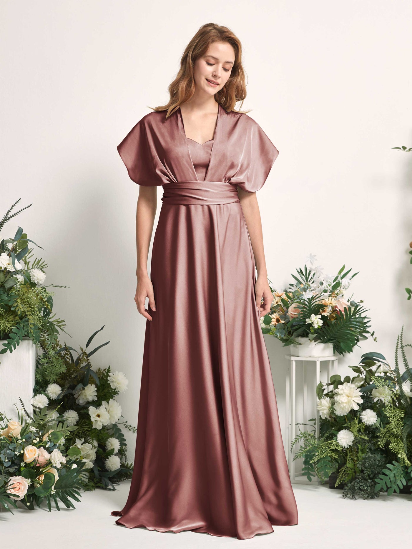 Desert Rose Bridesmaid Dresses Bridesmaid Dress A-line Satin Halter Full Length Short Sleeves Wedding Party Dress (81226417)#color_desert-rose