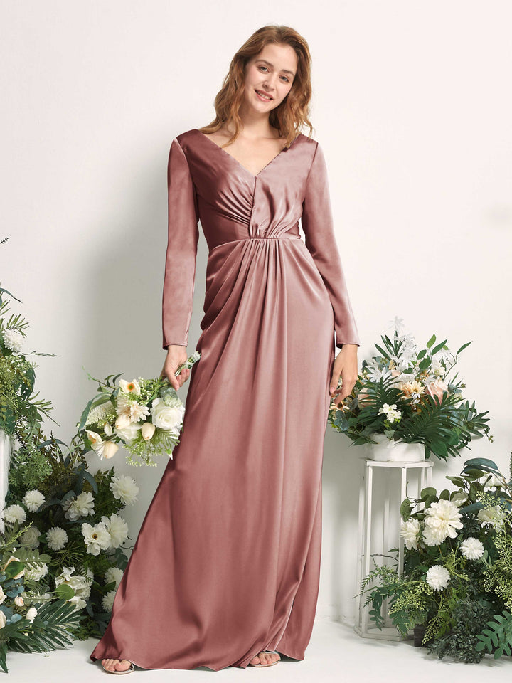 Carlyna Alicia Mermaid Desert Rose Satin Bridesmaid Dress Maxi Long Sleeve V-Neck  