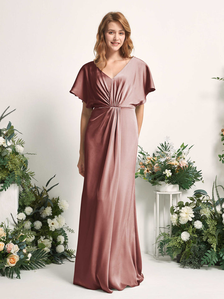 Carlyna Bailey A-Line Desert Rose Satin Bridesmaid Dress Maxi Cap Sleeve V-Neck Dress 