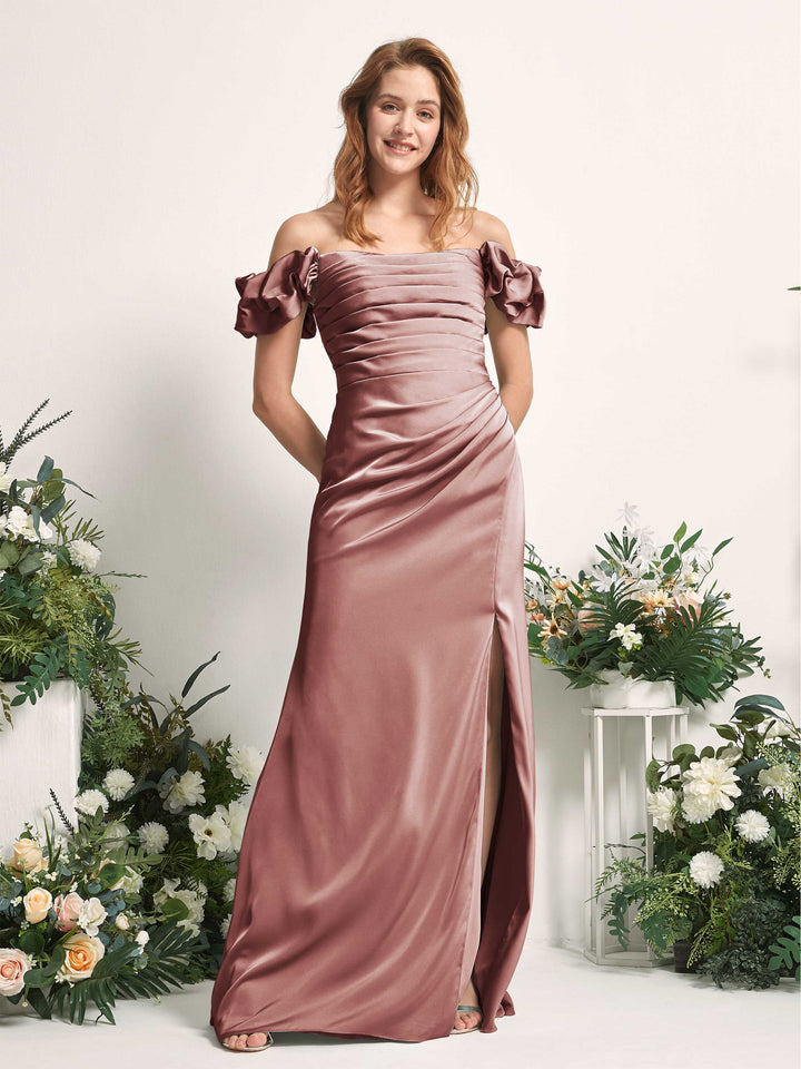Carlyna Bianca Sheath Desert Rose Satin Bridesmaid Dress Maxi Sleeveless Cowl Neck Dress 