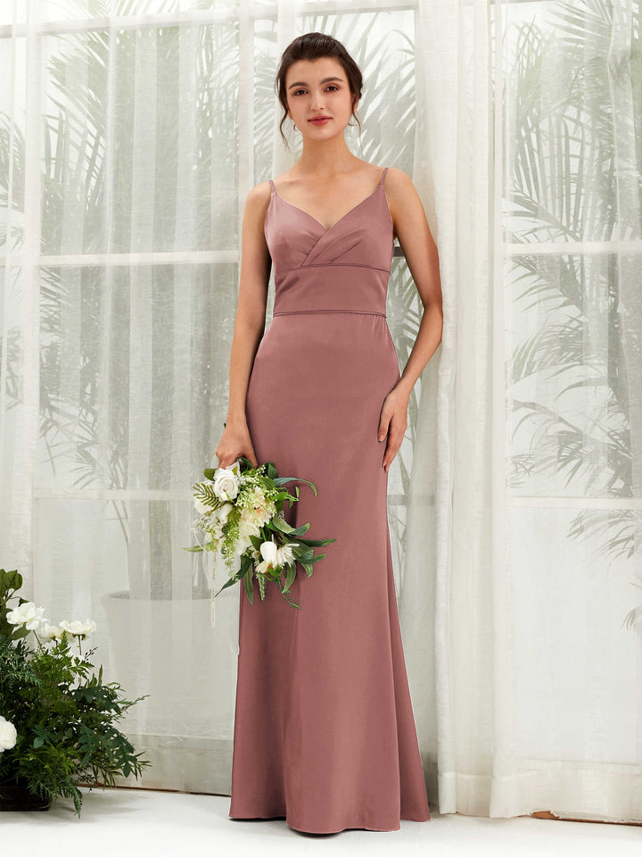 Carlyna Kama Mermaid Desert Rose Satin Bridesmaid Dress Maxi Sleeveless V-Neck Dress 