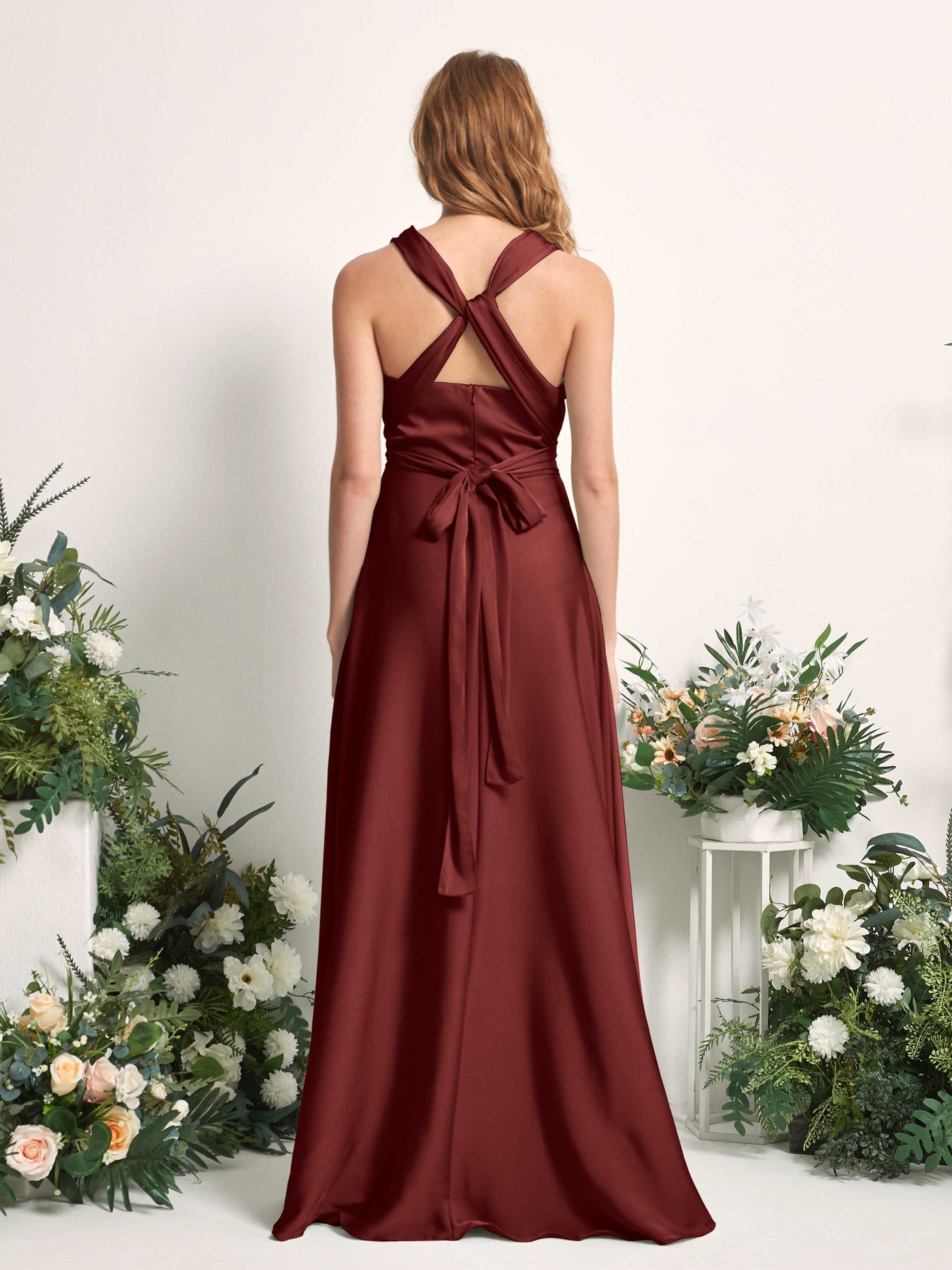 Burgundy Bridesmaid Dresses Bridesmaid Dress A-line Satin Halter Full Length Short Sleeves Wedding Party Dress (81226468)#color_burgundy