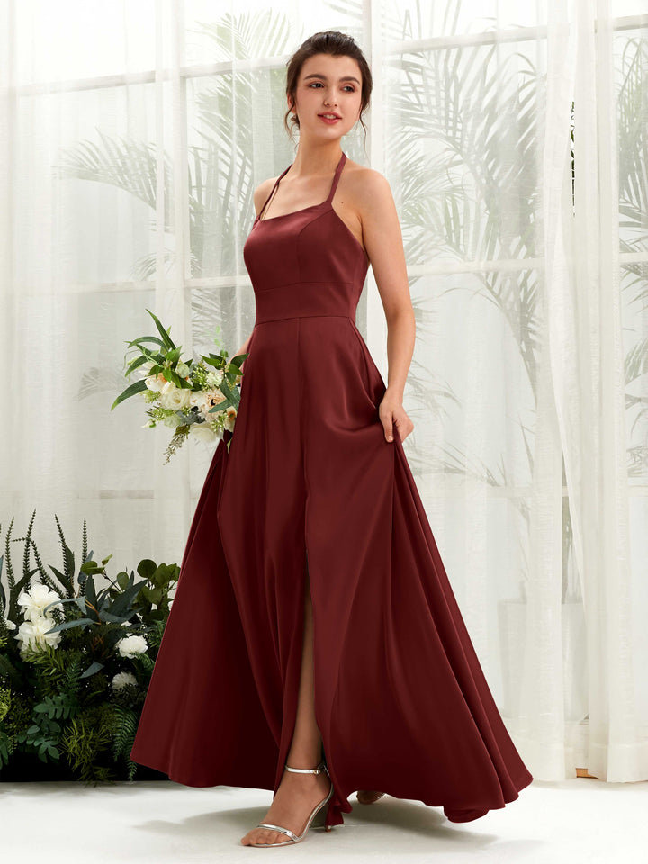 A-line Halter Bridesmaid Dress - Burgundy (80223968)