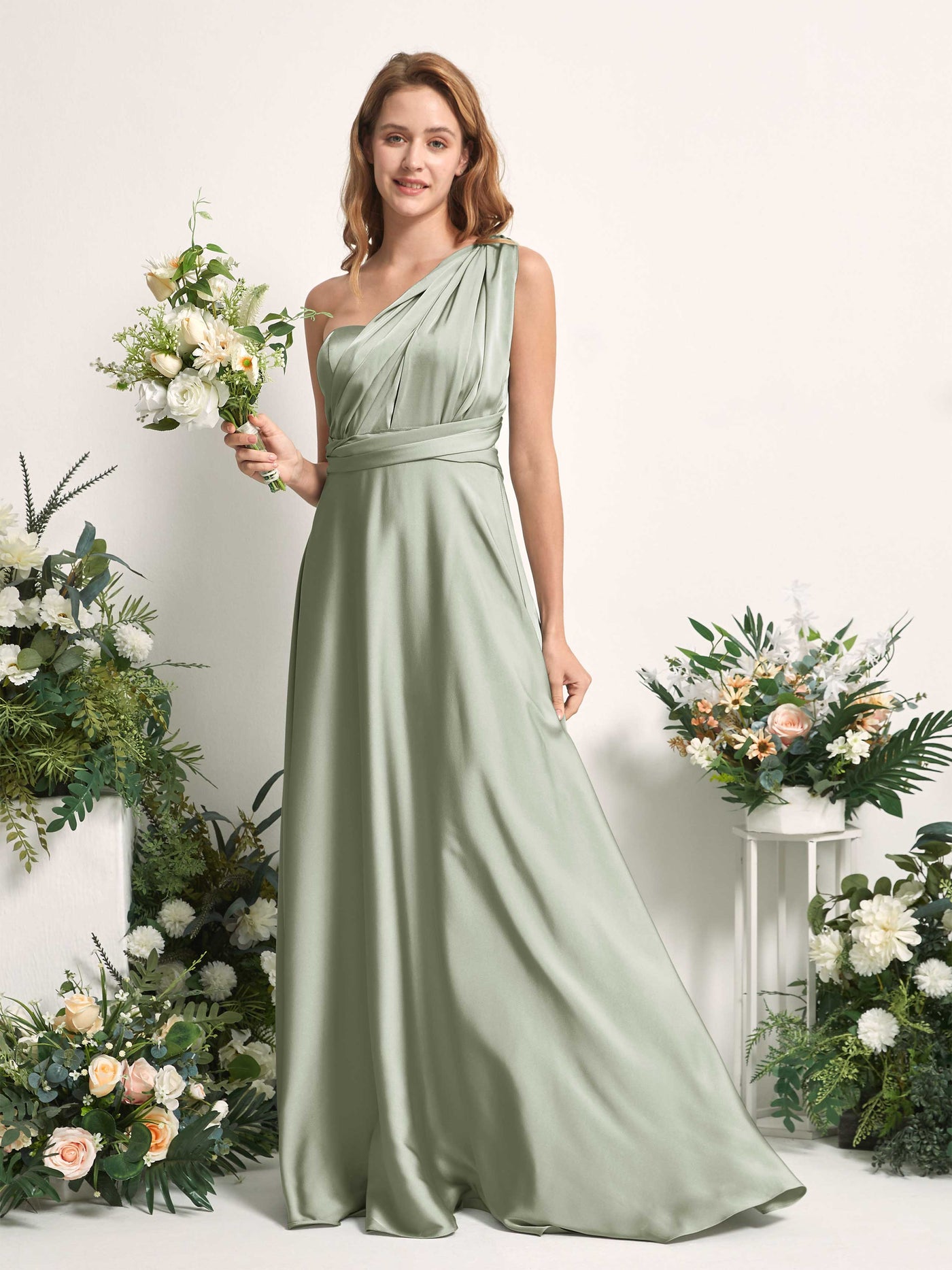 Sage Green Bridesmaid Dresses Bridesmaid Dress A-line Satin Halter Full Length Short Sleeves Wedding Party Dress (81226412)#color_sage-green