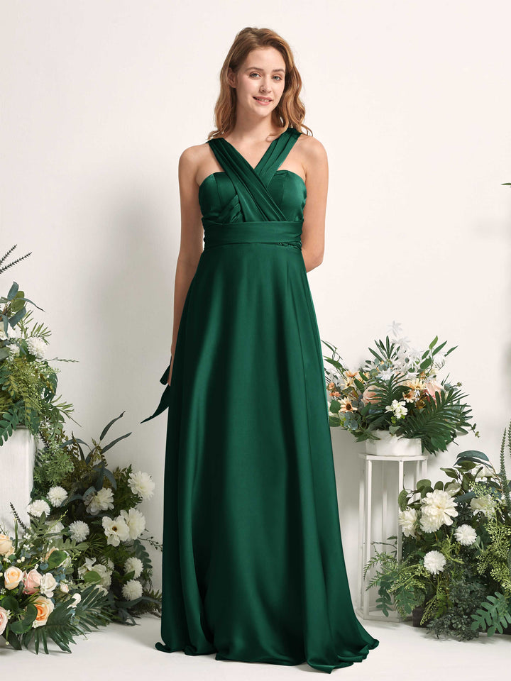 Carlyna Mirabelle Convertible Hunter Green Satin Bridesmaid Dress Maxi Sleeveless Sweetheart Dress 
