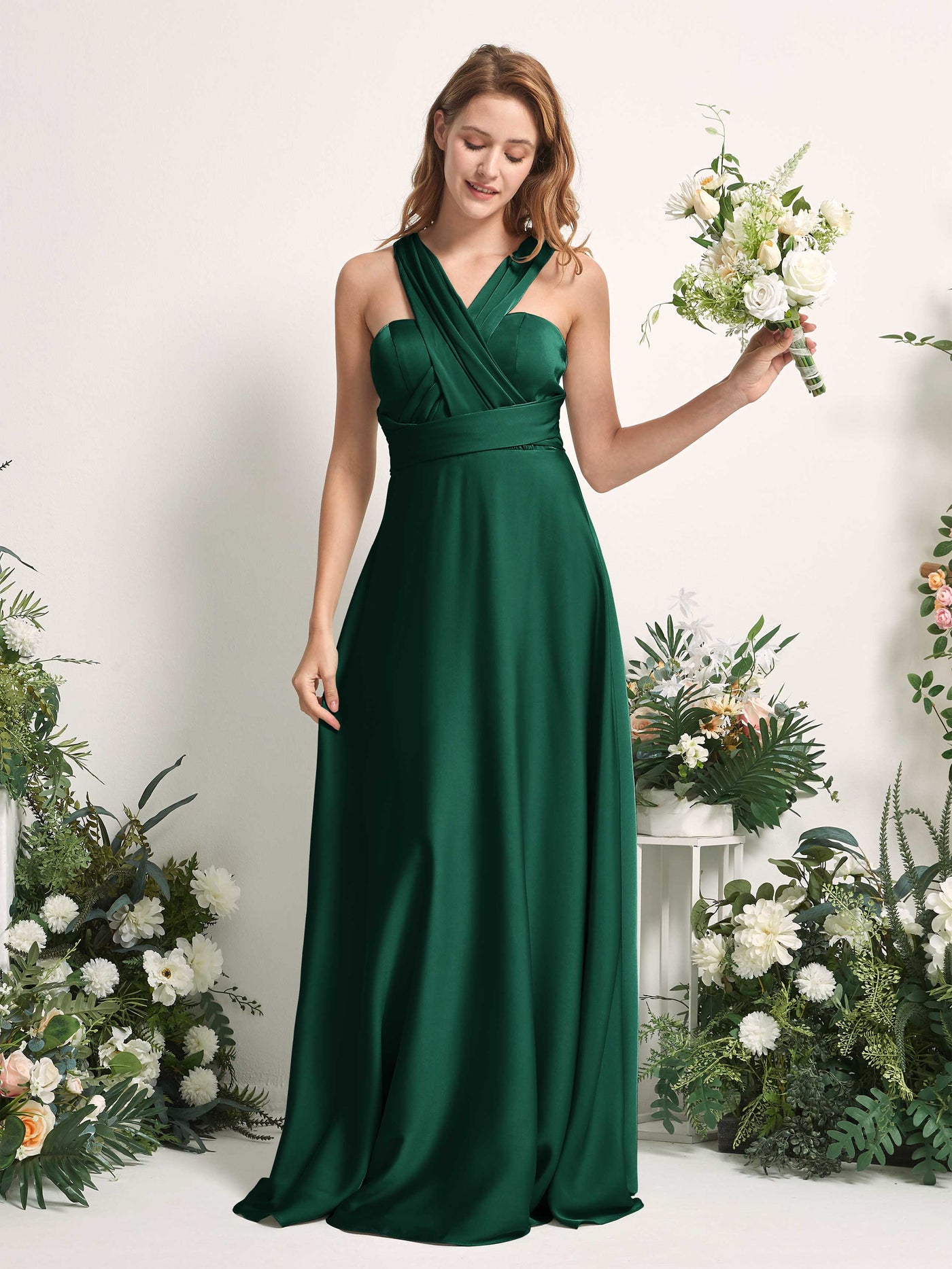 Hunter Green Bridesmaid Dresses Bridesmaid Dress A-line Satin Halter Full Length Short Sleeves Wedding Party Dress (81226429)#color_hunter-green