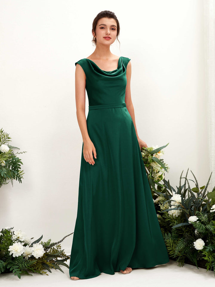 Carlyna Irma A-Line Hunter Green Satin Bridesmaid Dress Maxi Sleeveless Cowl Neck Dress 