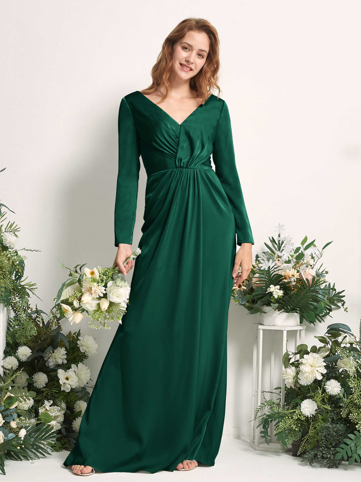 Carlyna Alicia Mermaid Hunter Green Satin Bridesmaid Dress Maxi Long Sleeve V-Neck  