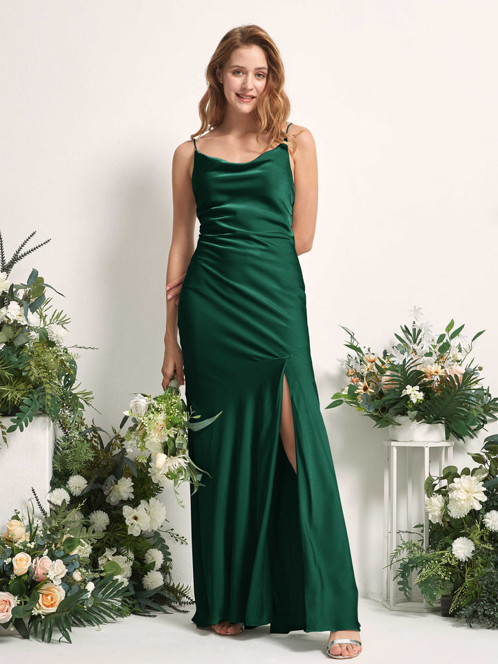 Carlyna Miranda Mermaid Hunter Green Satin Bridesmaid Dress Maxi Sleeveless Cowl Neck Dress 