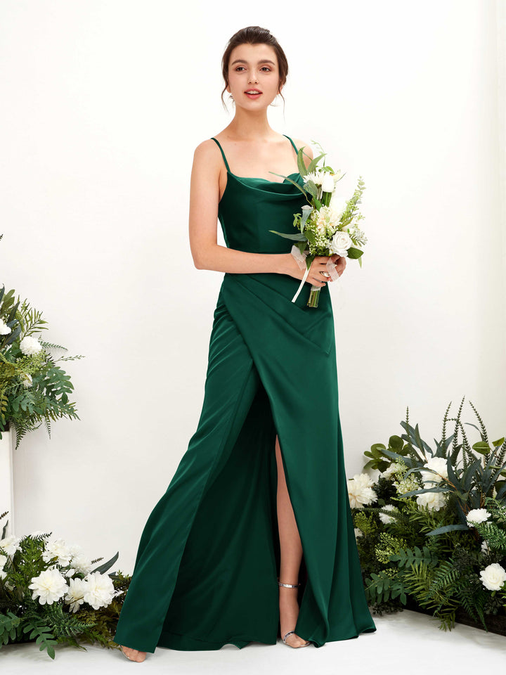 Carlyna Mavis Slim Hunter Green Satin Bridesmaid Dress Maxi Sleeveless Cowl Neck Dress 