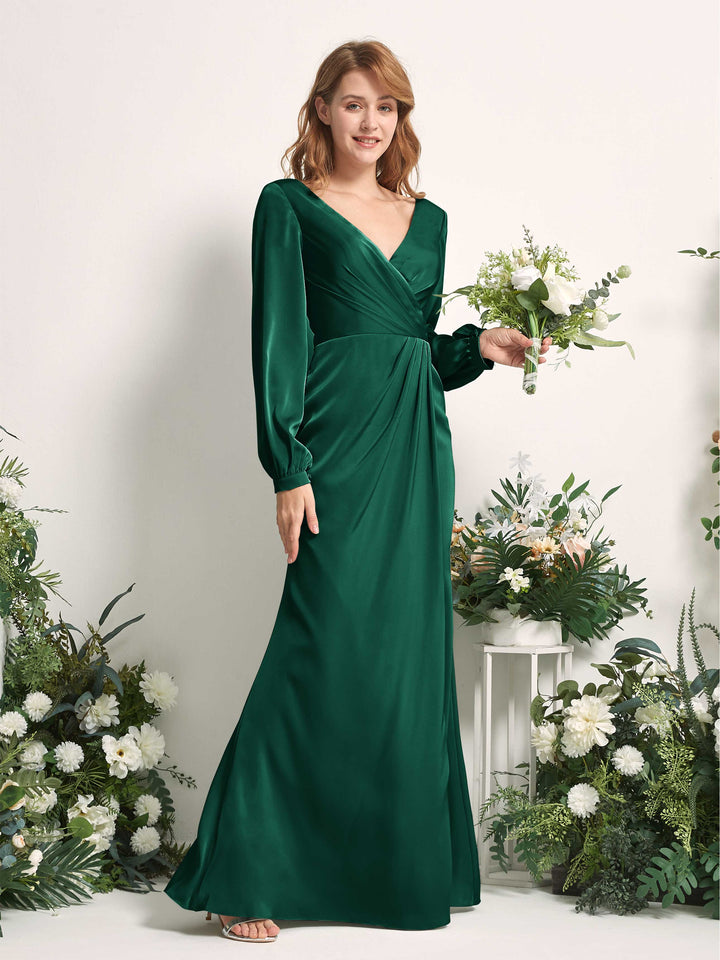 Carlyna Taylor Mermaid Hunter Green Satin Bridesmaid Dress Maxi Long Sleeve V-Neck  