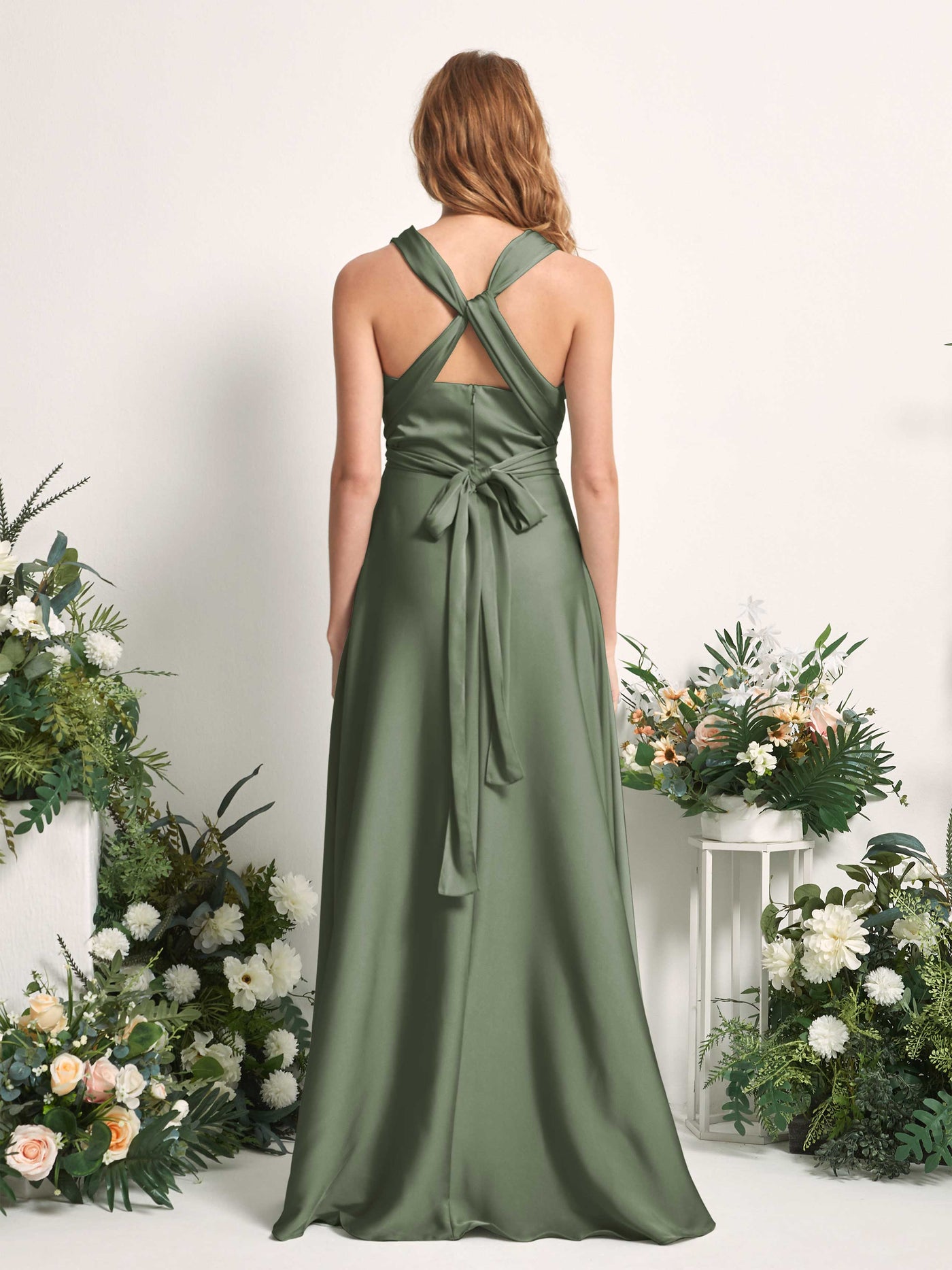 Green Olive Bridesmaid Dresses Bridesmaid Dress A-line Satin Halter Full Length Short Sleeves Wedding Party Dress (81226470)#color_green-olive