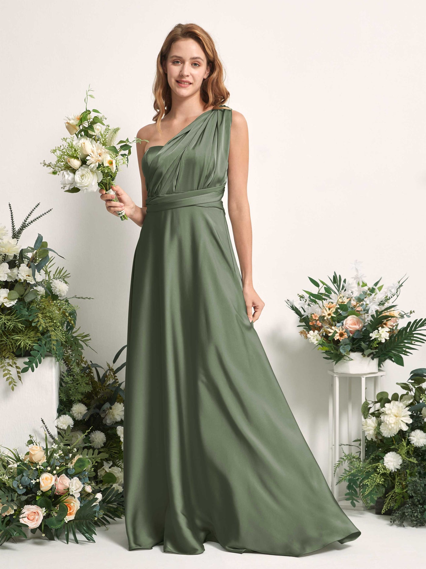 Green Olive Bridesmaid Dresses Bridesmaid Dress A-line Satin Halter Full Length Short Sleeves Wedding Party Dress (81226470)#color_green-olive