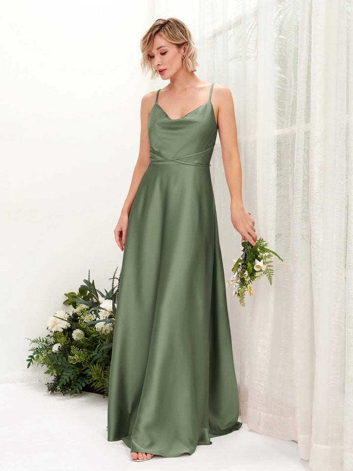 A-line Straps Sleeveless Satin Bridesmaid Dress - Green Olive (80223170)