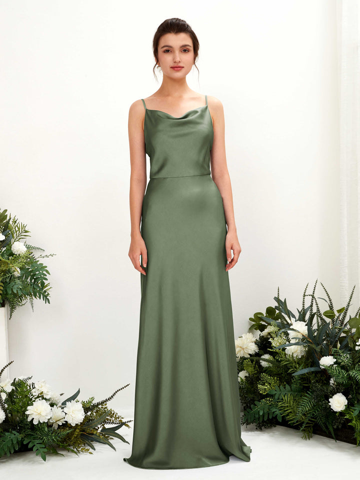 Spaghetti-straps Sleeveless Satin Bridesmaid Dress - Green Olive (80221870)