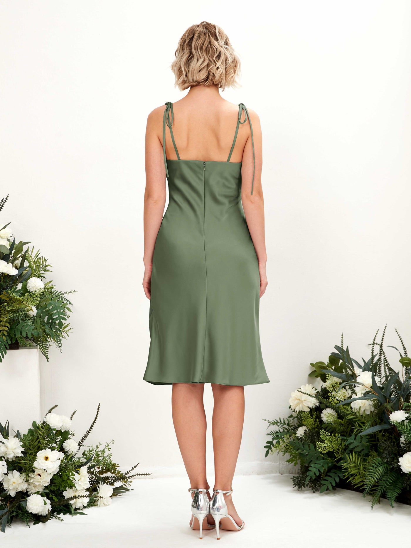 Carlyna Janina Mermaid Green Olive Satin Bridesmaid Dress Knee-Length Sleeveless Cowl Neck Dress #color_green-olive