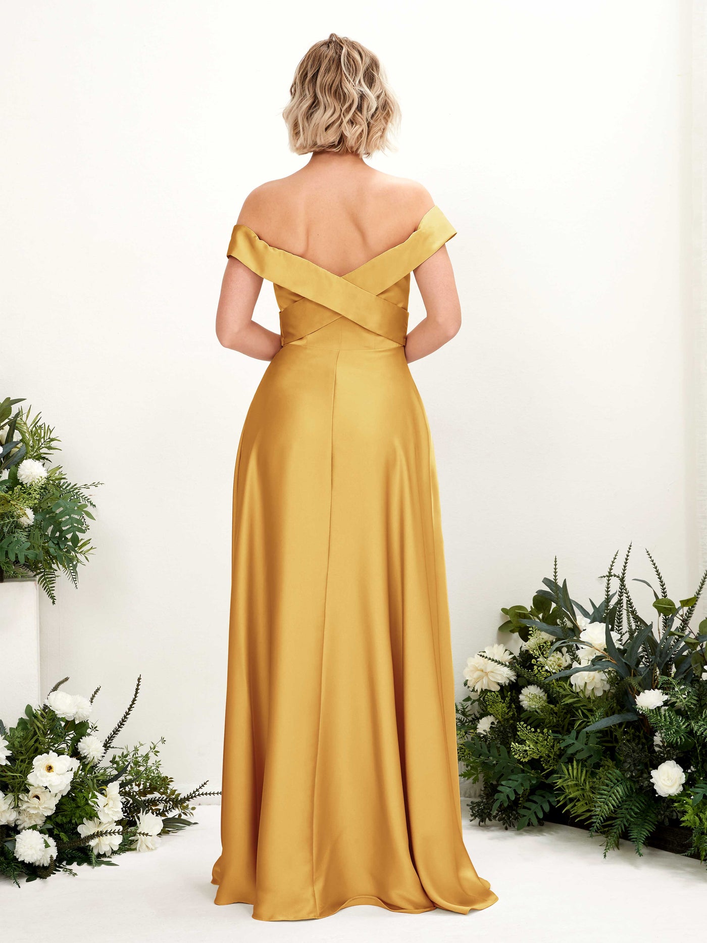 A-line Ball Gown Off Shoulder Sweetheart Satin Bridesmaid Dress - Canary (80224231)#color_canary