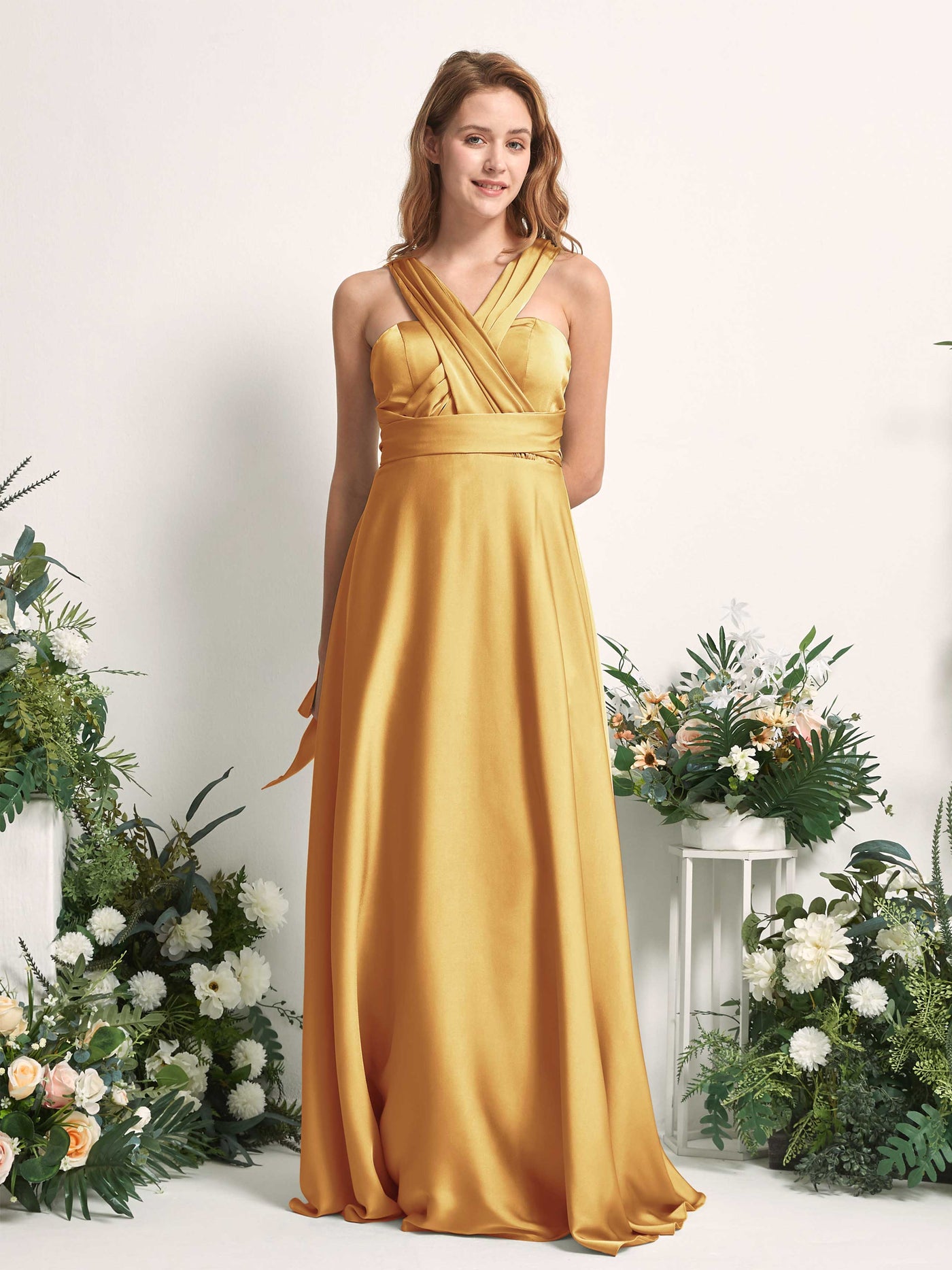 Canary Bridesmaid Dresses Bridesmaid Dress A-line Satin Halter Full Length Short Sleeves Wedding Party Dress (81226431)#color_canary