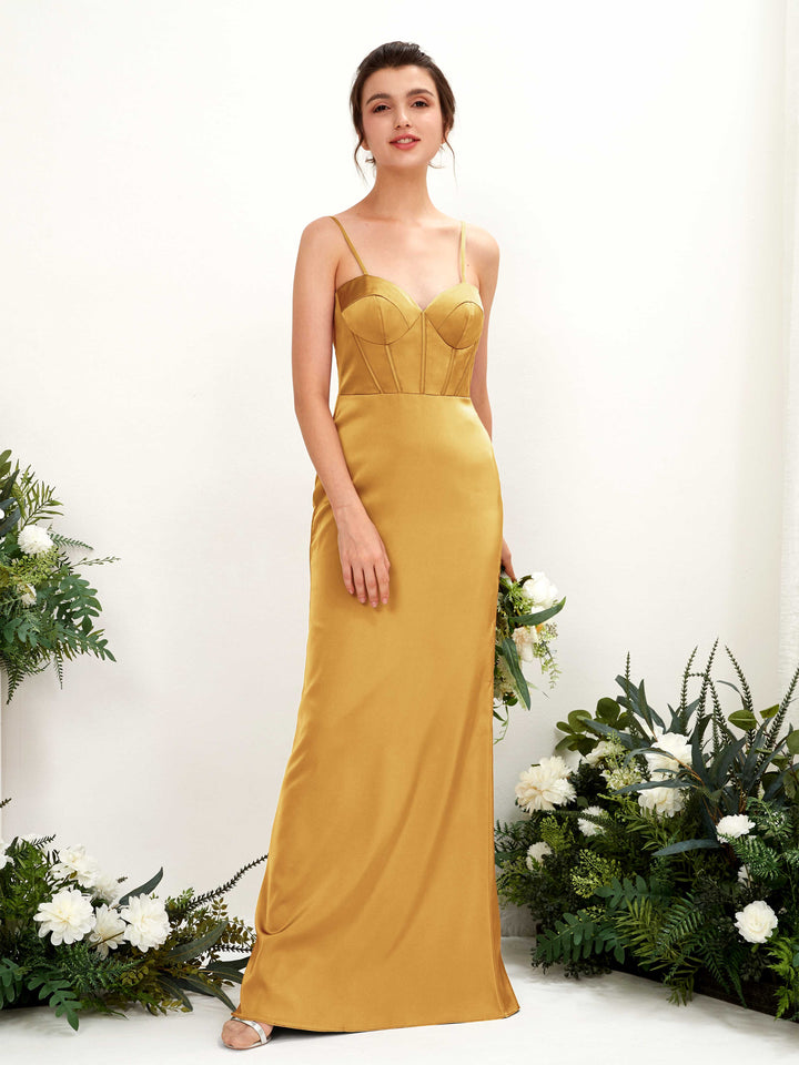 Spaghetti-straps Sweetheart Sleeveless Satin Bridesmaid Dress - Canary (80221531)