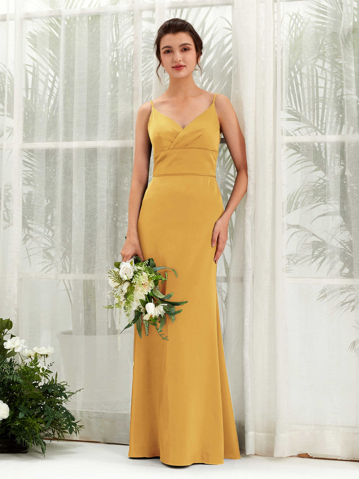 Spaghetti-straps Sweetheart Sleeveless Satin Bridesmaid Dress - Canary (80223331)