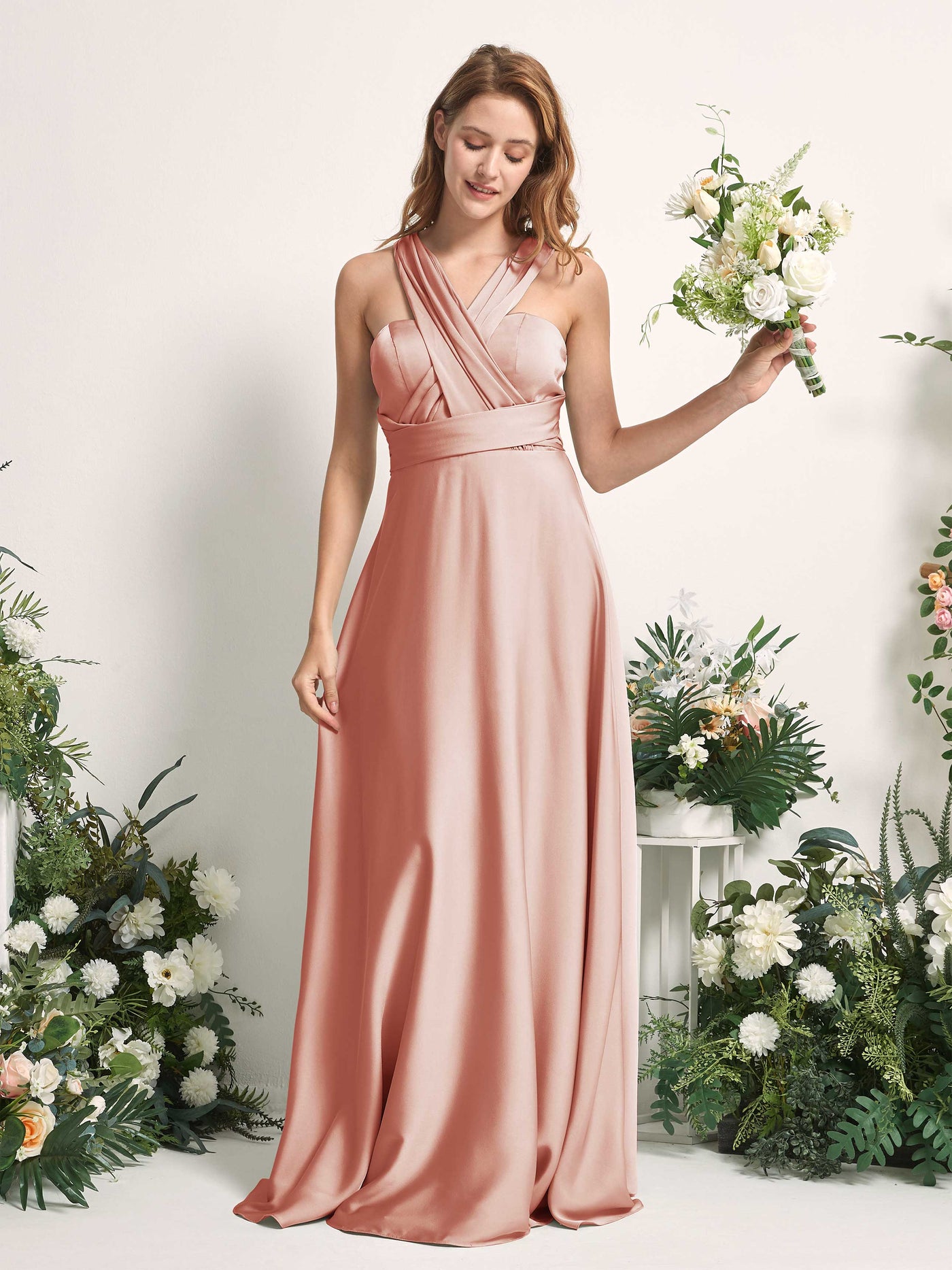 Cantaloupe Bridesmaid Dresses Bridesmaid Dress A-line Satin Halter Full Length Short Sleeves Wedding Party Dress (81226432)#color_cantaloupe