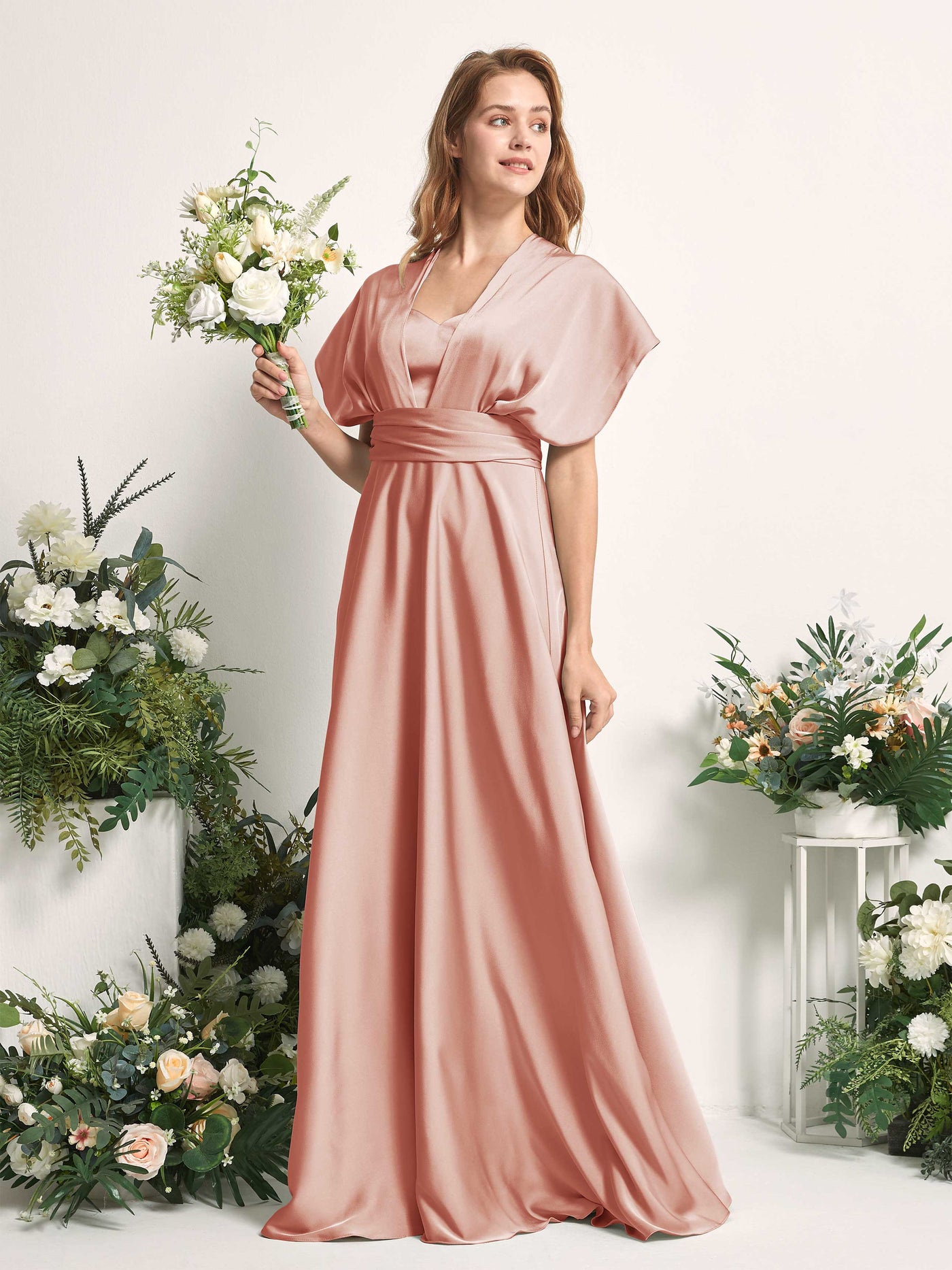 Cantaloupe Bridesmaid Dresses Bridesmaid Dress A-line Satin Halter Full Length Short Sleeves Wedding Party Dress (81226432)#color_cantaloupe