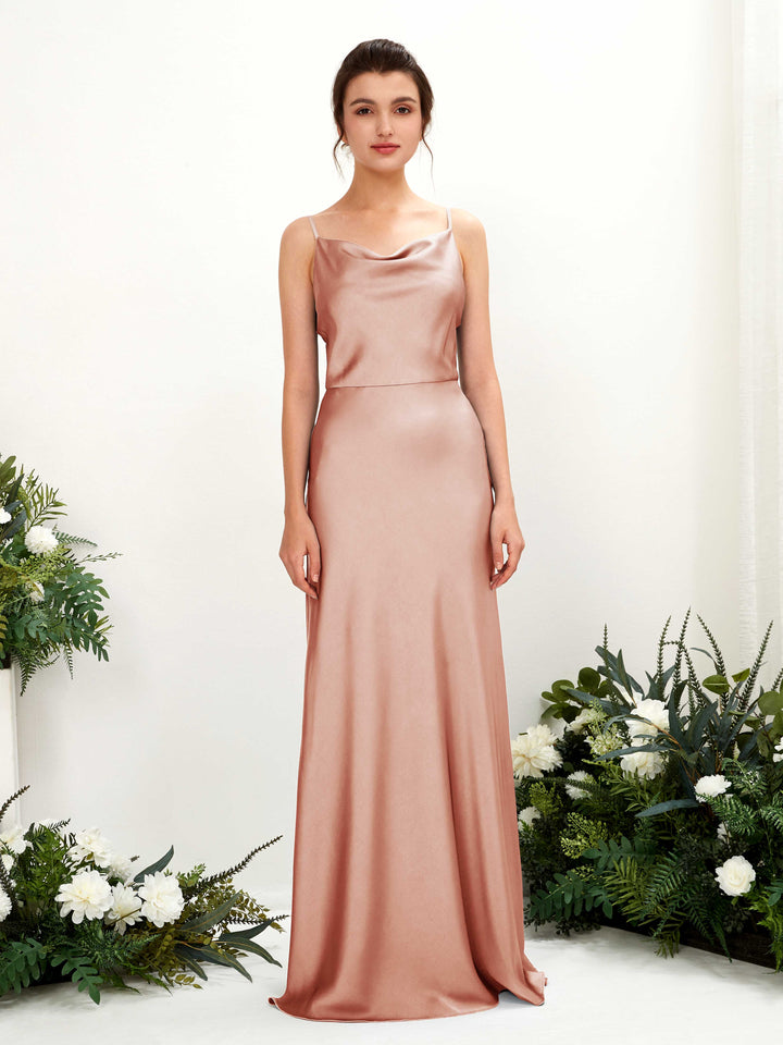 Spaghetti-straps Sleeveless Satin Bridesmaid Dress - Cantaloupe (80221832)