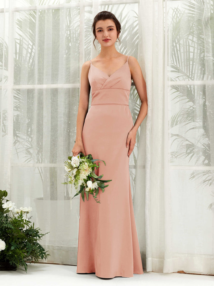 Spaghetti-straps Sweetheart Sleeveless Satin Bridesmaid Dress - Cantaloupe (80223332)