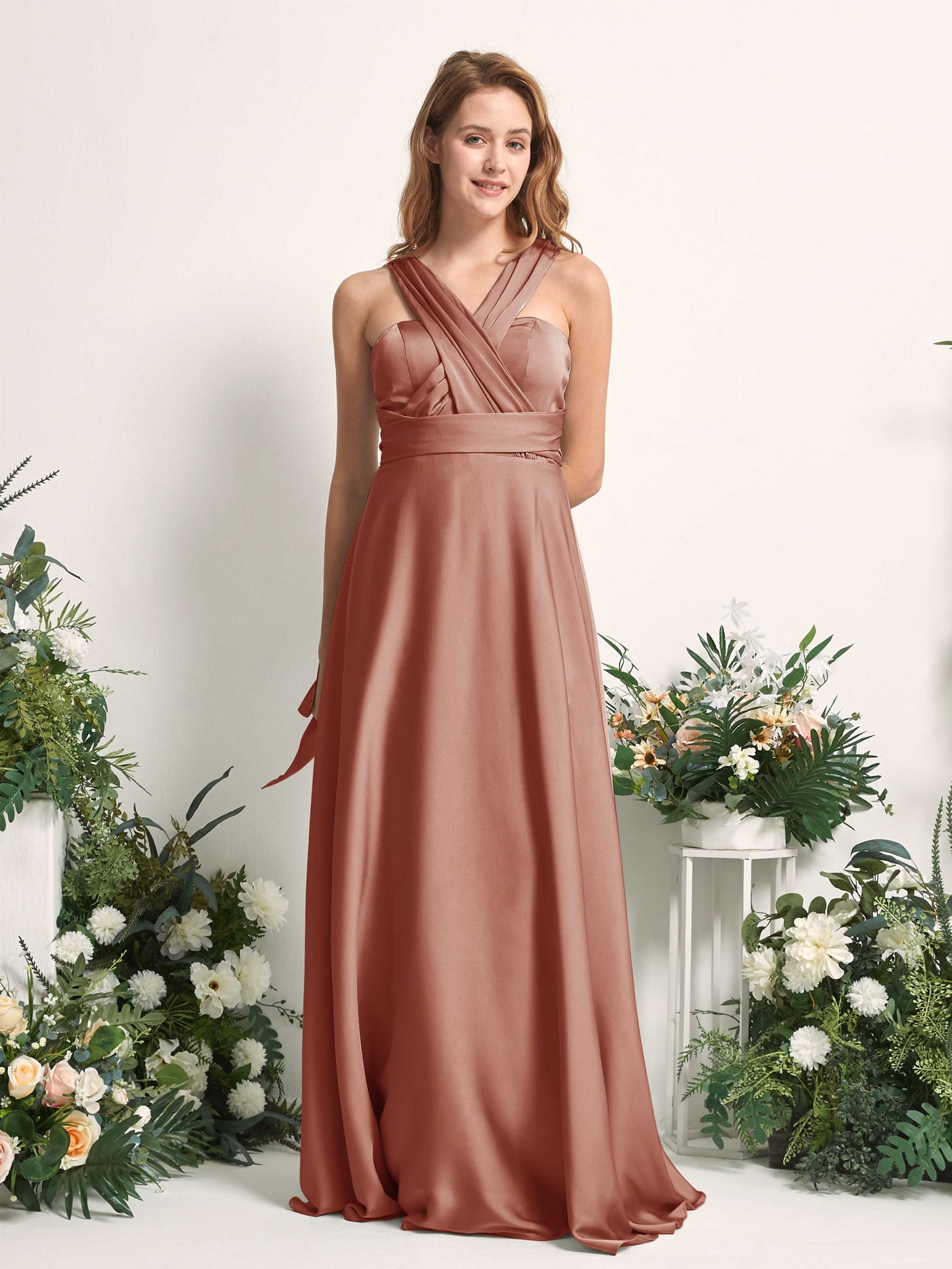 Raw Sienna Bridesmaid Dresses Bridesmaid Dress A-line Satin Halter Full Length Short Sleeves Wedding Party Dress (81226415)#color_raw-sienna